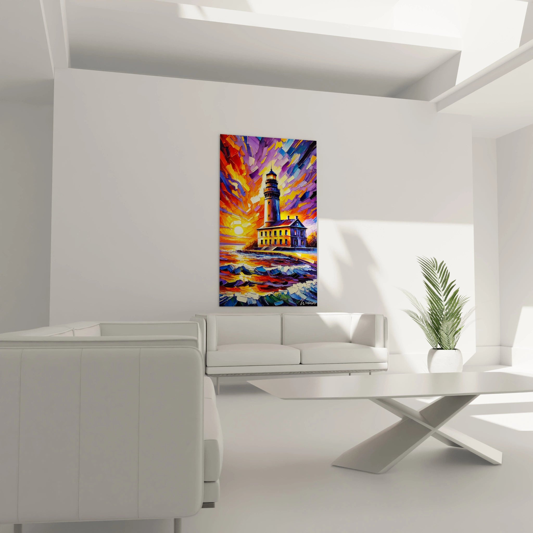 Une œuvre fauvisme abstrait illustrant un phare, des éclats de couleurs chaudes comme l’orange et le jaune, et des textures vibrantes dans un ciel dynamique.