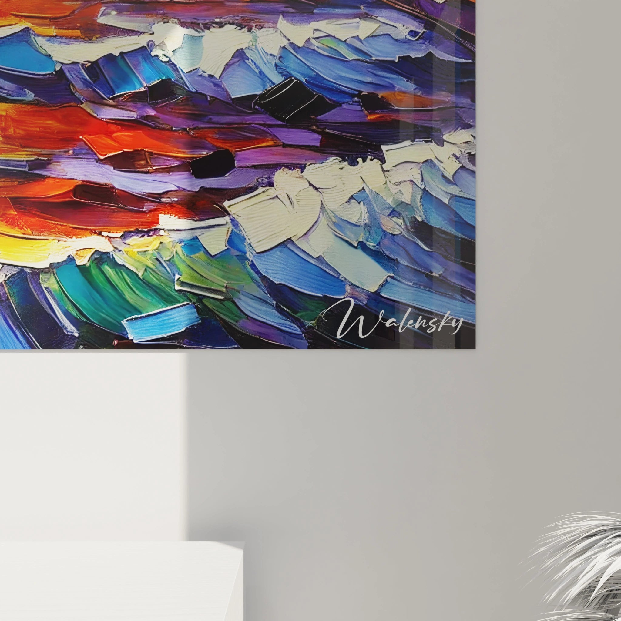 Un tableau fauvisme abstrait combinant un phare éclairé, un coucher de soleil aux tons orange et violet, et des vagues texturées bleu intense.