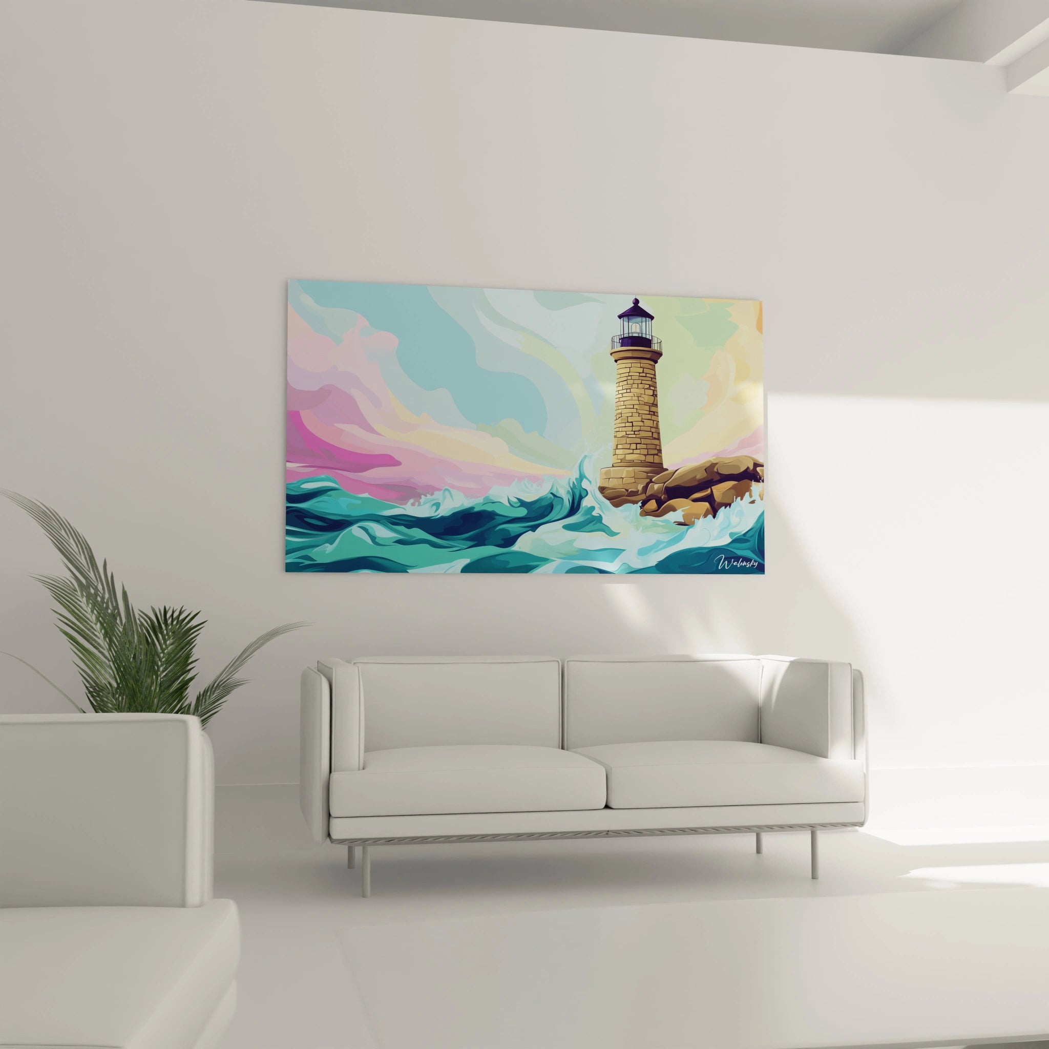 Un tableau phare océanique présentant une tour de pierre beige surplombant une mer turquoise agitée, avec des éclaboussures d'écume, des rochers bruns, et un ciel aux couleurs douces mêlant rose, violet et jaune pâle, dans une composition équilibrée entre verticalité et mouvement horizontal.