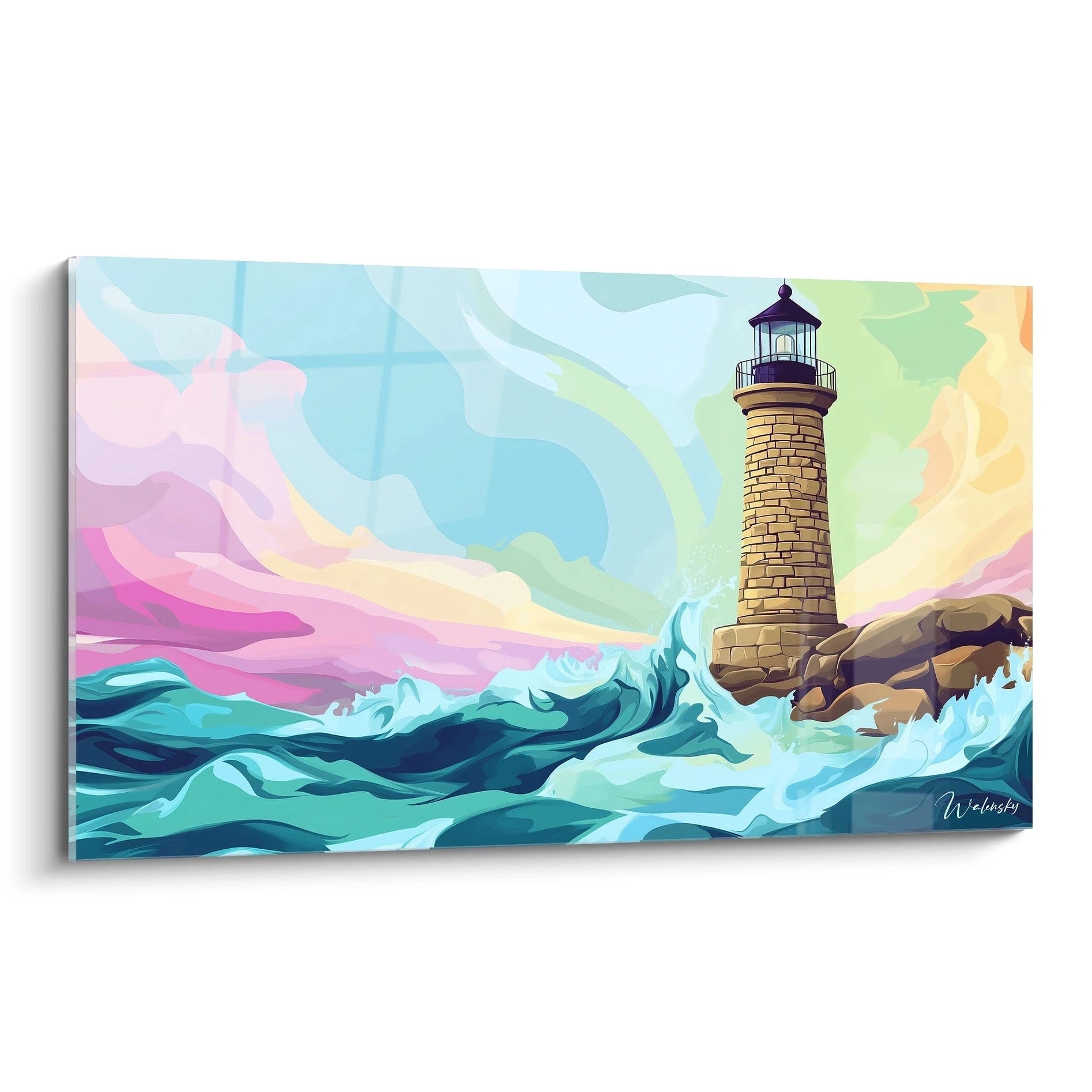 Un tableau phare maritime aux couleurs vives, représentant un phare en pierre beige doré sur des rochers, entouré de vagues turquoise écumantes, sous un ciel pastel aux teintes roses, violettes et jaunes, avec un effet de mouvement dynamique et des transitions fluides entre les couleurs.