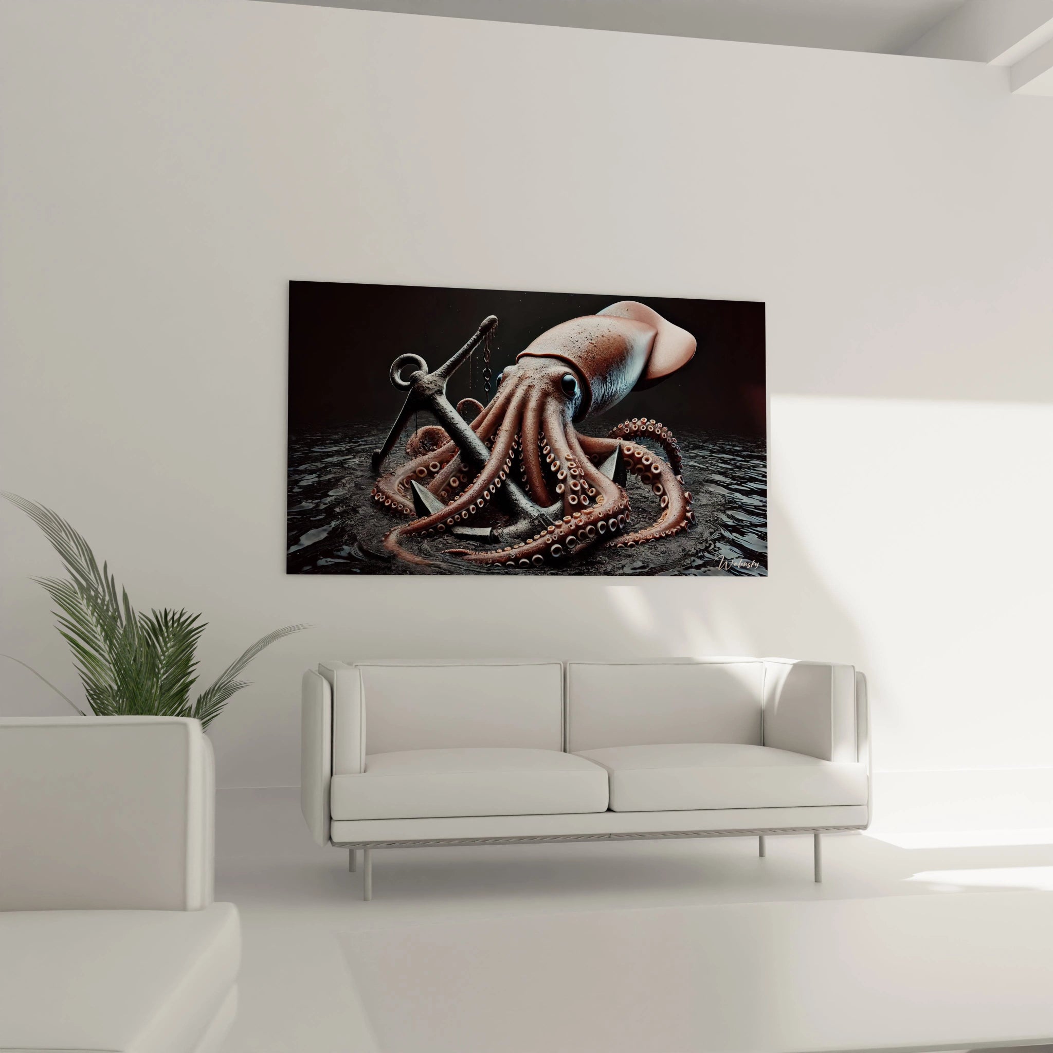 Accroché au mur d'un salon, ce tableau calamar geant domine l'espace au-dessus du canapé. Son design unique et ses teintes marron et gris créent une ambiance moderne et intrigante.