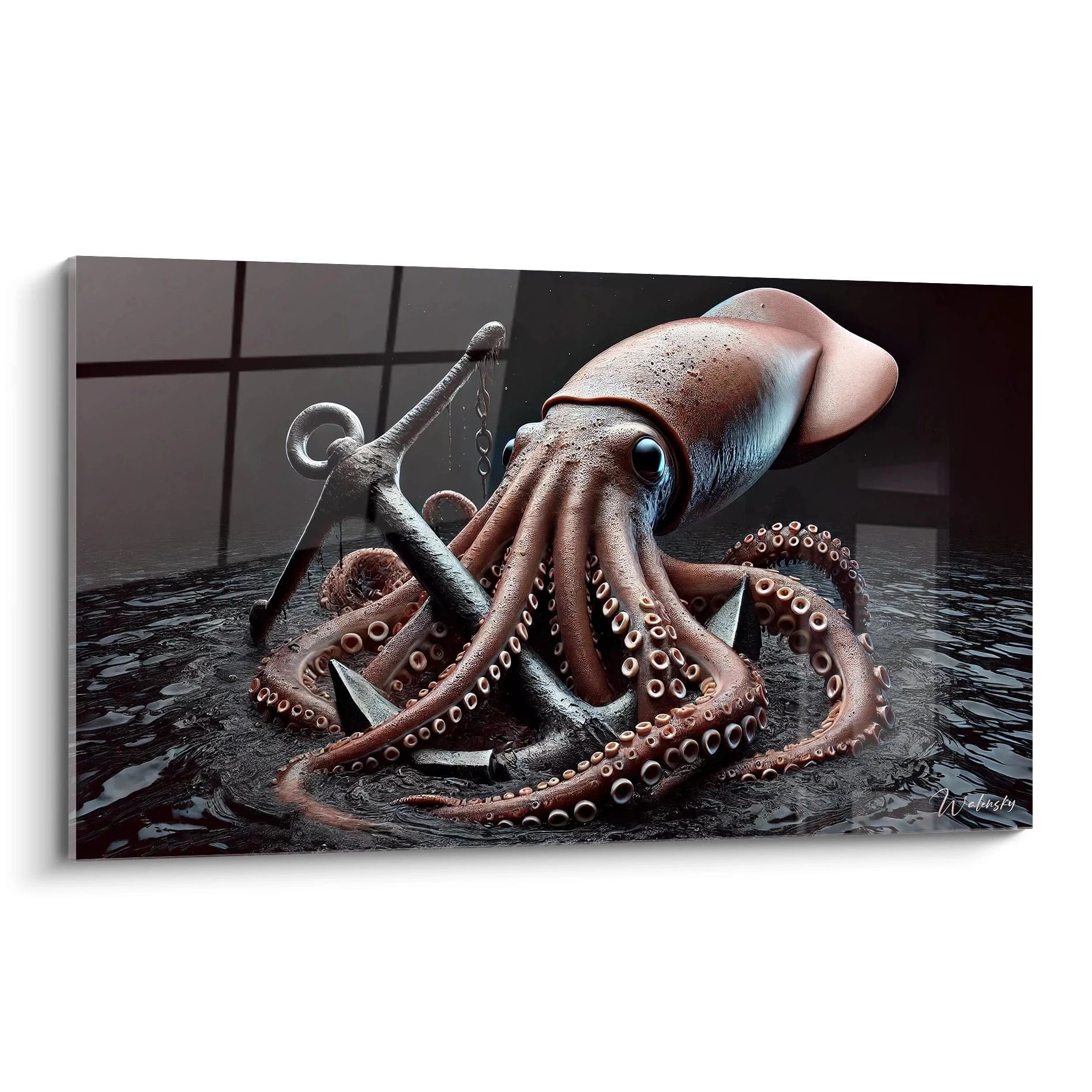 Ce tableau calamar geant, vu de biais, dévoile une créature marine fascinante en interaction avec une ancre. L'œuvre allie réalisme et tension, captivant l'œil avec ses détails saisissants.