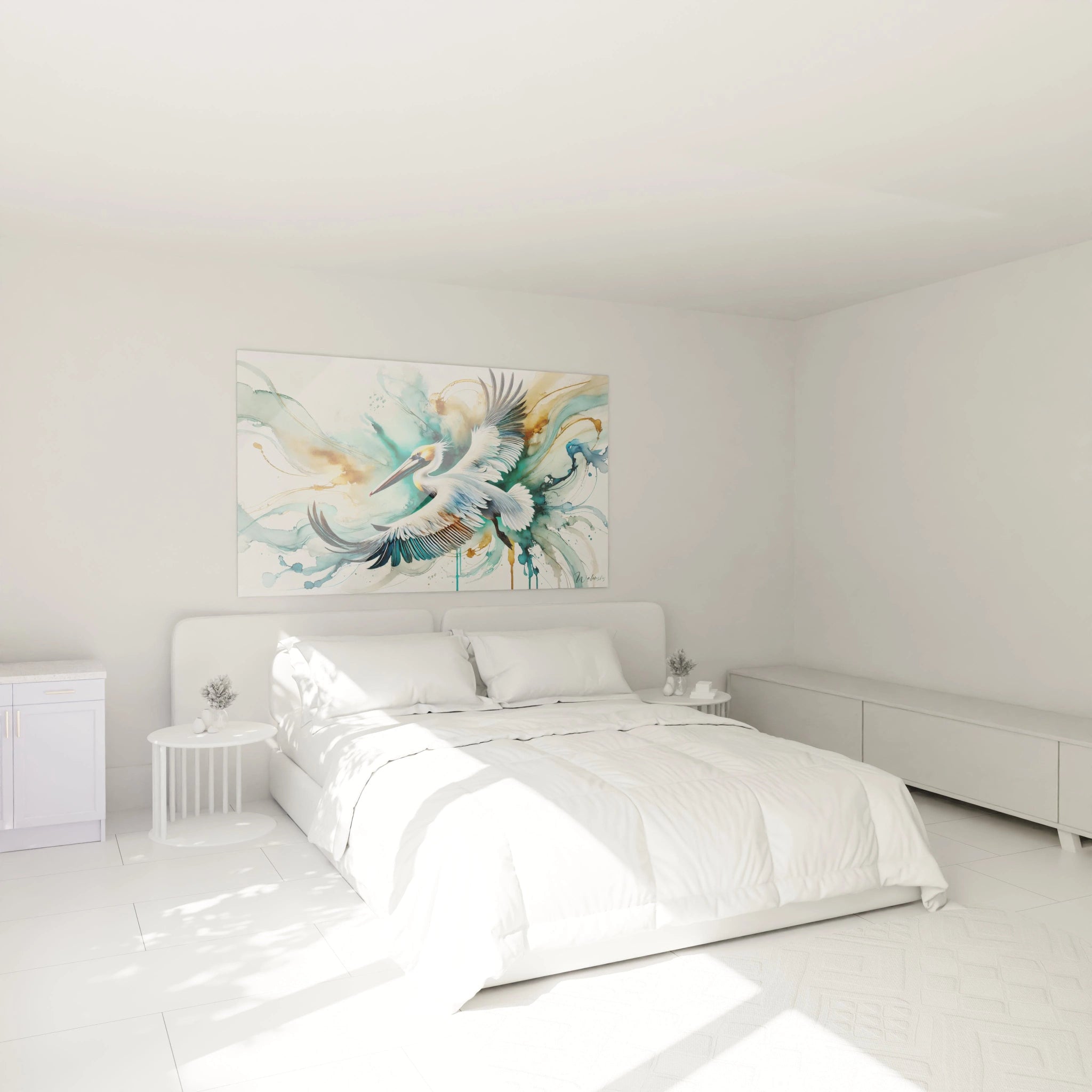 decouvrez un tableau pelican sublime au dessus d un lit dans une chambre les nuances de bleu jaune et blanc ajoutent une touche de serenite en harmonie avec la grace de l oiseau majestueux