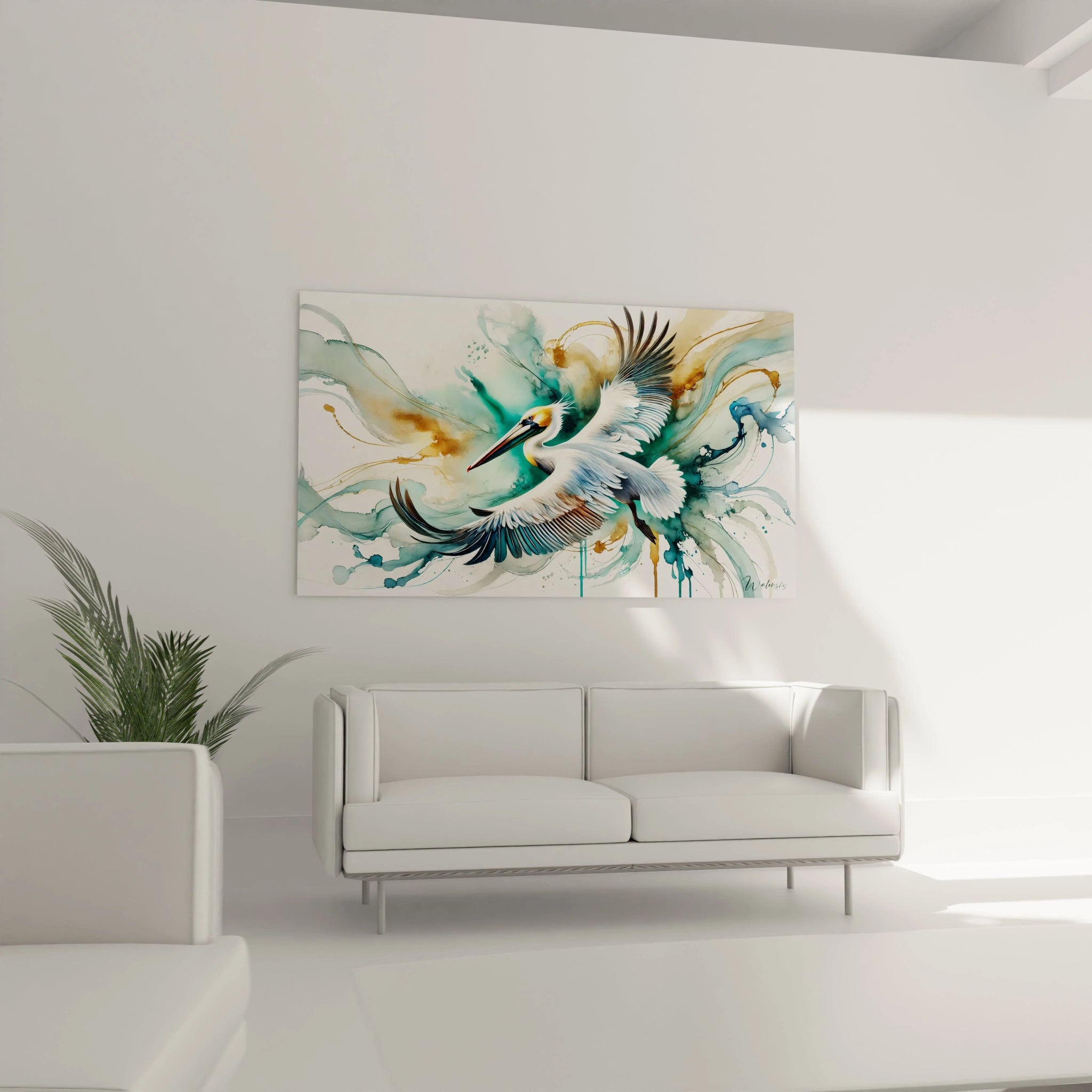 un tableau pelican accroche au dessus d un canape apporte une sensation de force et de legerete grace a son fond abstrait les couleurs vives ajoutent du caractere a votre decoration interieur