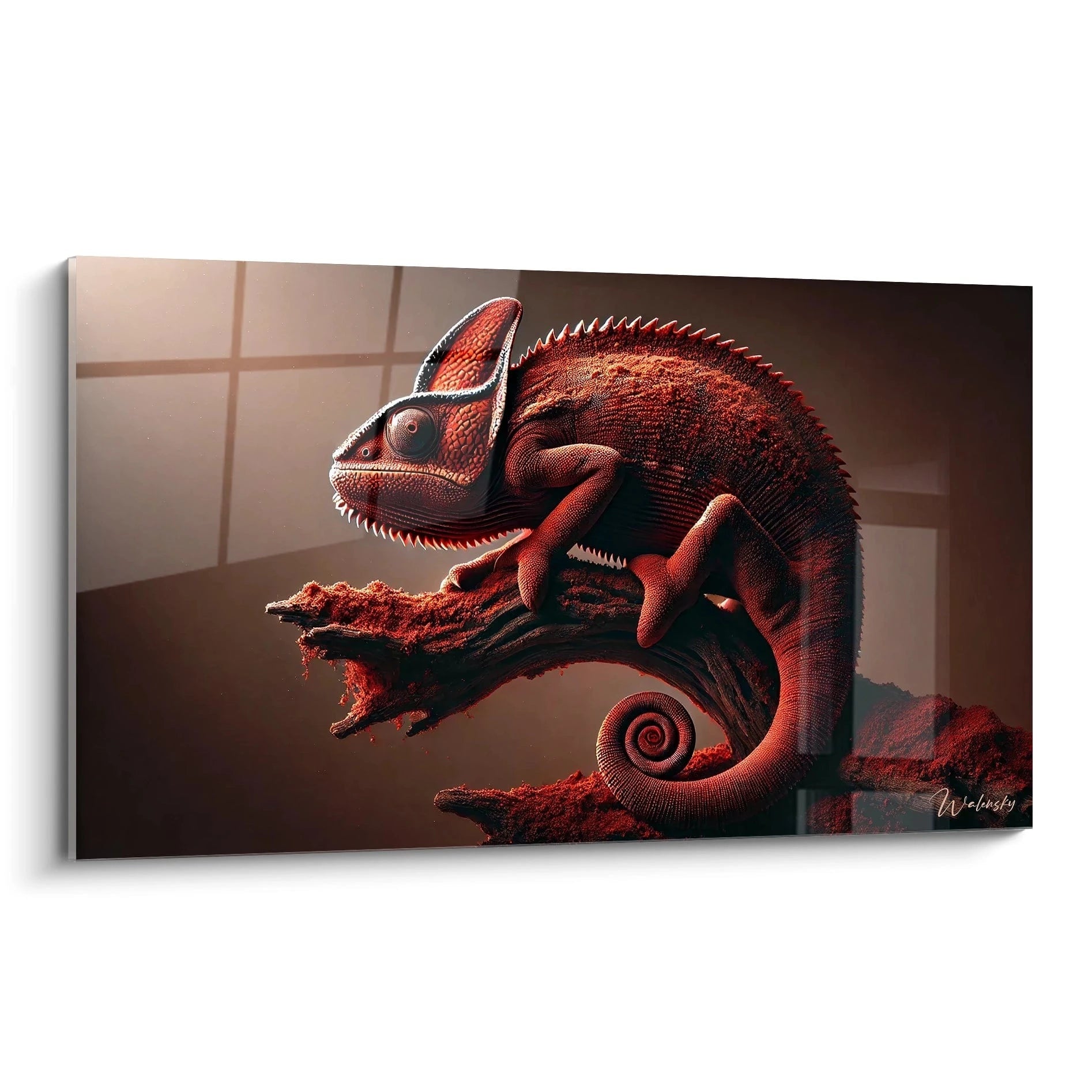 tableau caméléon vu de biais capturant la beauté exotique de l'animal aux teintes rouges et marron. Chaque écaille est minutieusement détaillée pour un effet réaliste et saisissant