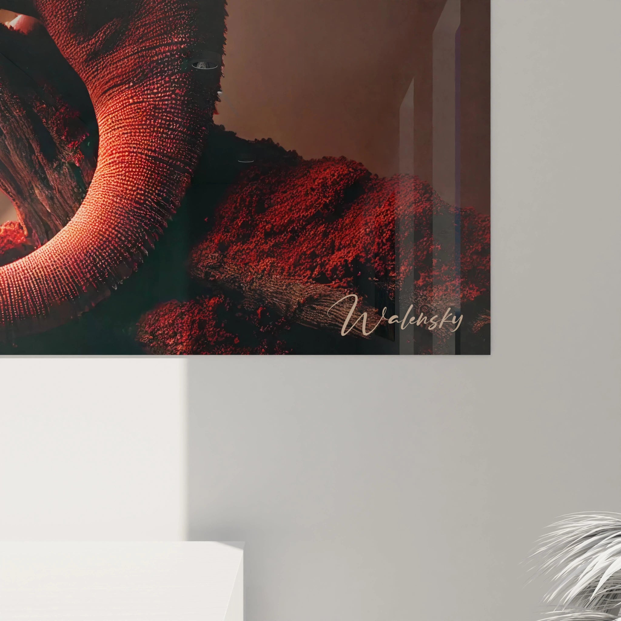 vue de près du tableau caméléon révélant les détails subtils de chaque écaille et les teintes terreuses. Un art réaliste qui attire immédiatement l’attention