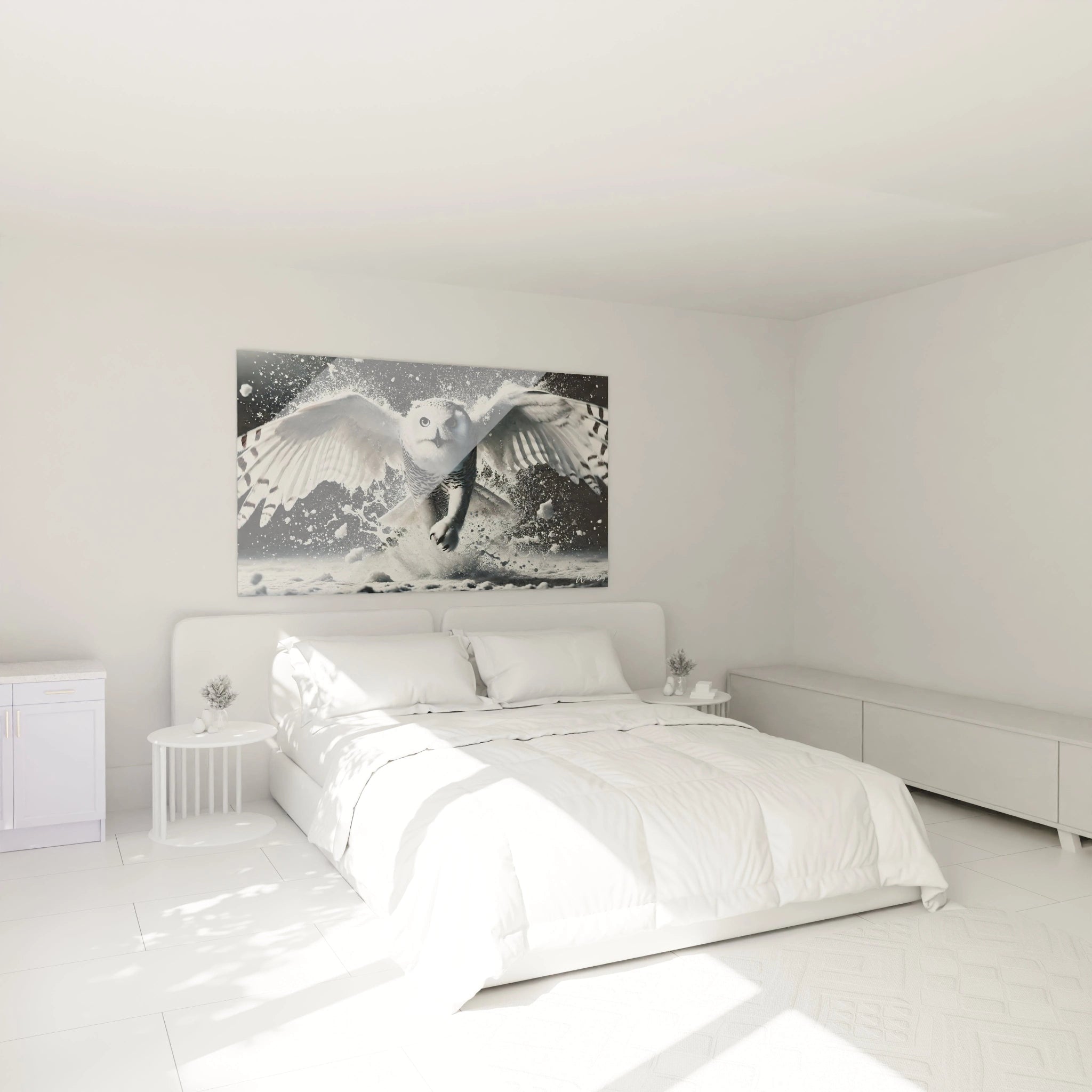 Tableau chouette au dessus du lit, apportant une ambiance sauvage et apaisante dans la chambre. Ce tableau chouette dynamise la decoration avec ses tons contrastes et son elegance naturelle.