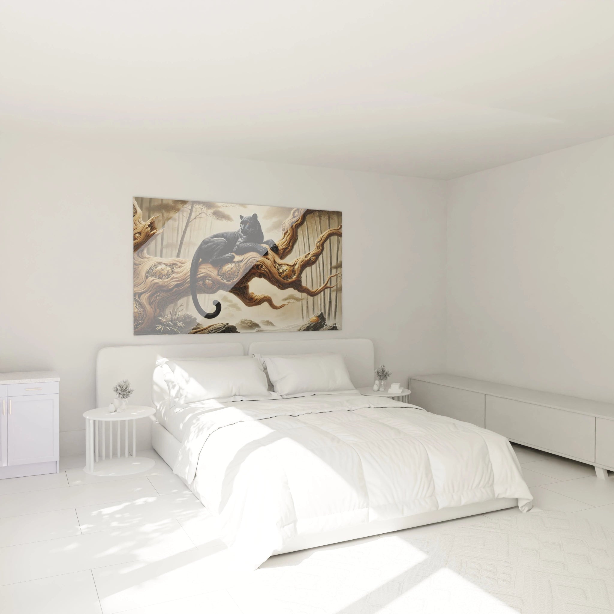 Sublimez votre chambre avec ce tableau panthere noire Ses details dores et son fond brumeux creent une atmosphere poetique et elegante parfait pour un decor a la fois naturel et sophistiqué