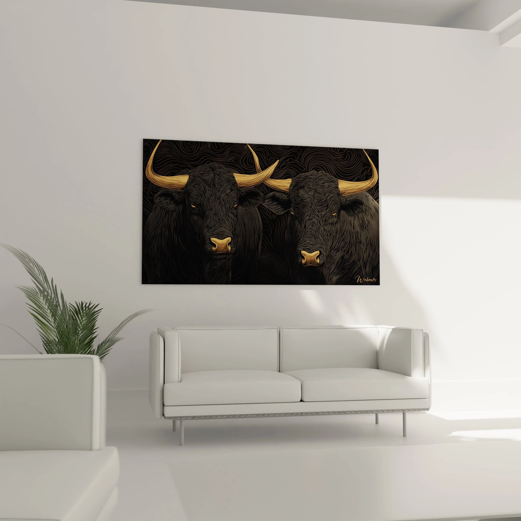 Un tableau taureau noir doré représentant deux puissants bovins aux regards intenses, leurs silhouettes noires détaillées par d'innombrables traits fins. Les cornes et accents dorés brillent sur le fond sombre aux motifs ondulants, créant une œuvre à la fois élégante et imposante.