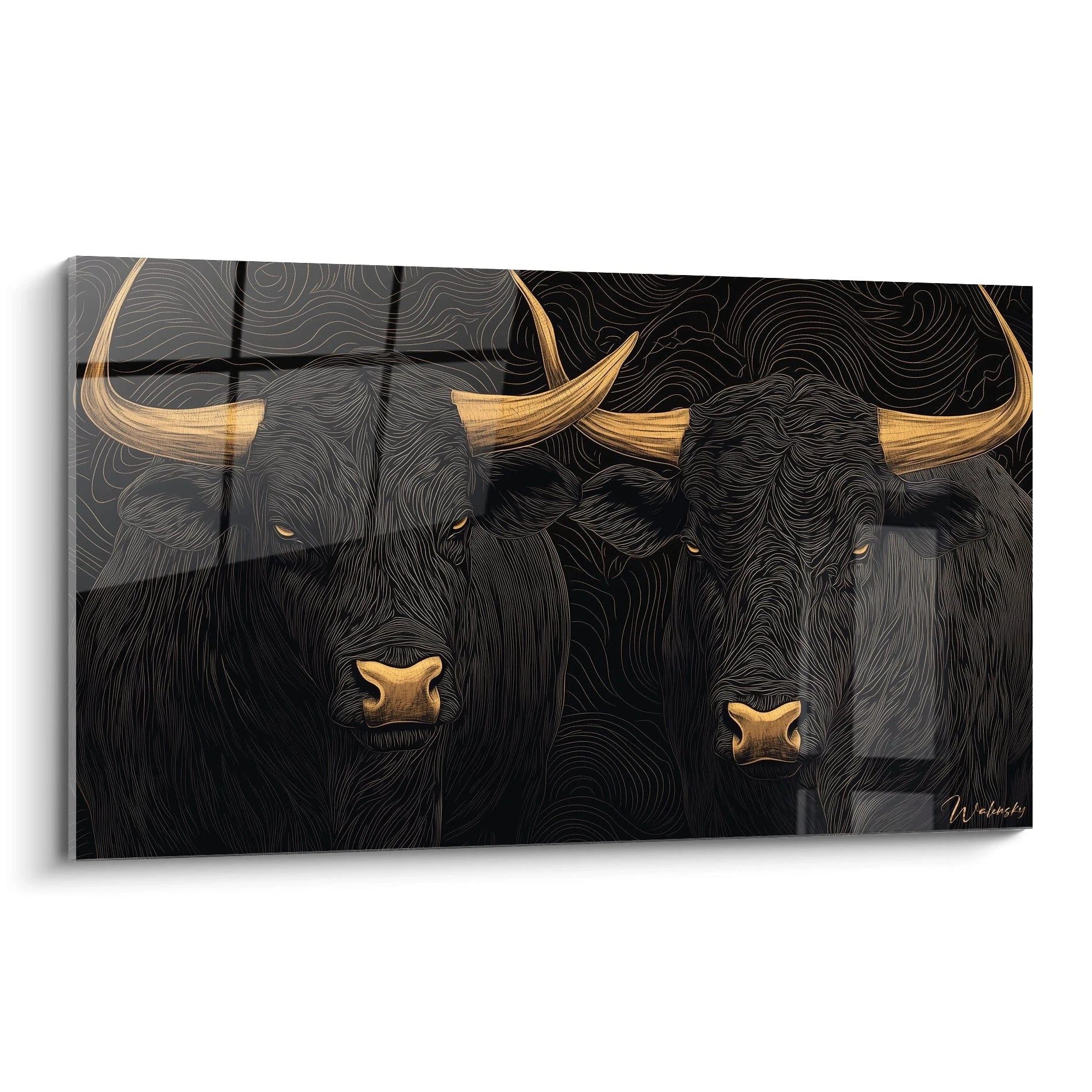 Un tableau taureau noir présentant deux spécimens majestueux aux cornes dorées brillantes, avec des yeux ambrés perçants sur fond texturé ondulant. Les contrastes entre le noir profond du pelage finement détaillé et les accents dorés des museaux créent une composition saisissante.