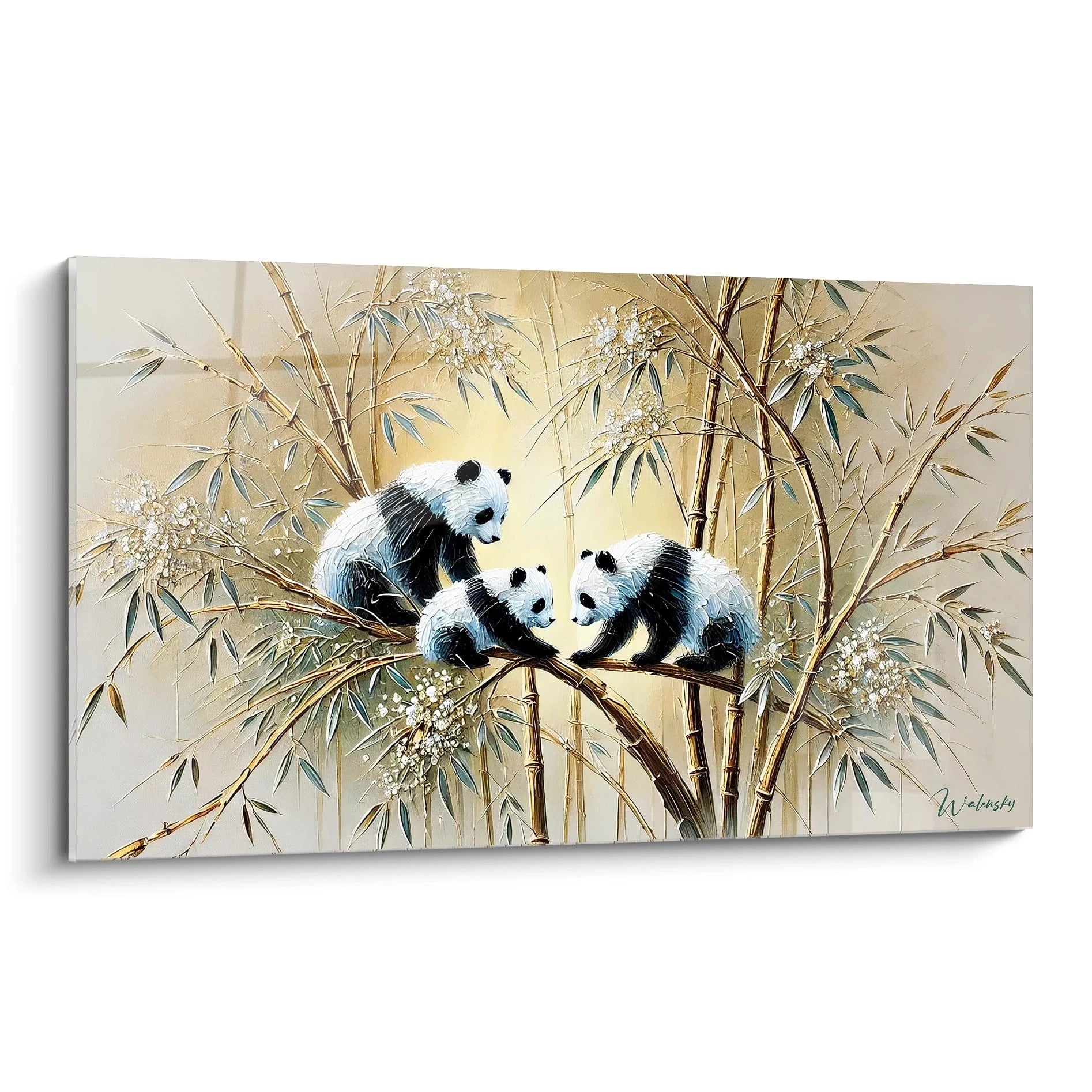 Tableau chinois en vue de biais montrant des pandas dans un bosquet de bambous nuances beige et marron harmonie visuelle douce ideale pour creer une ambiance apaisante dans votre interieur
