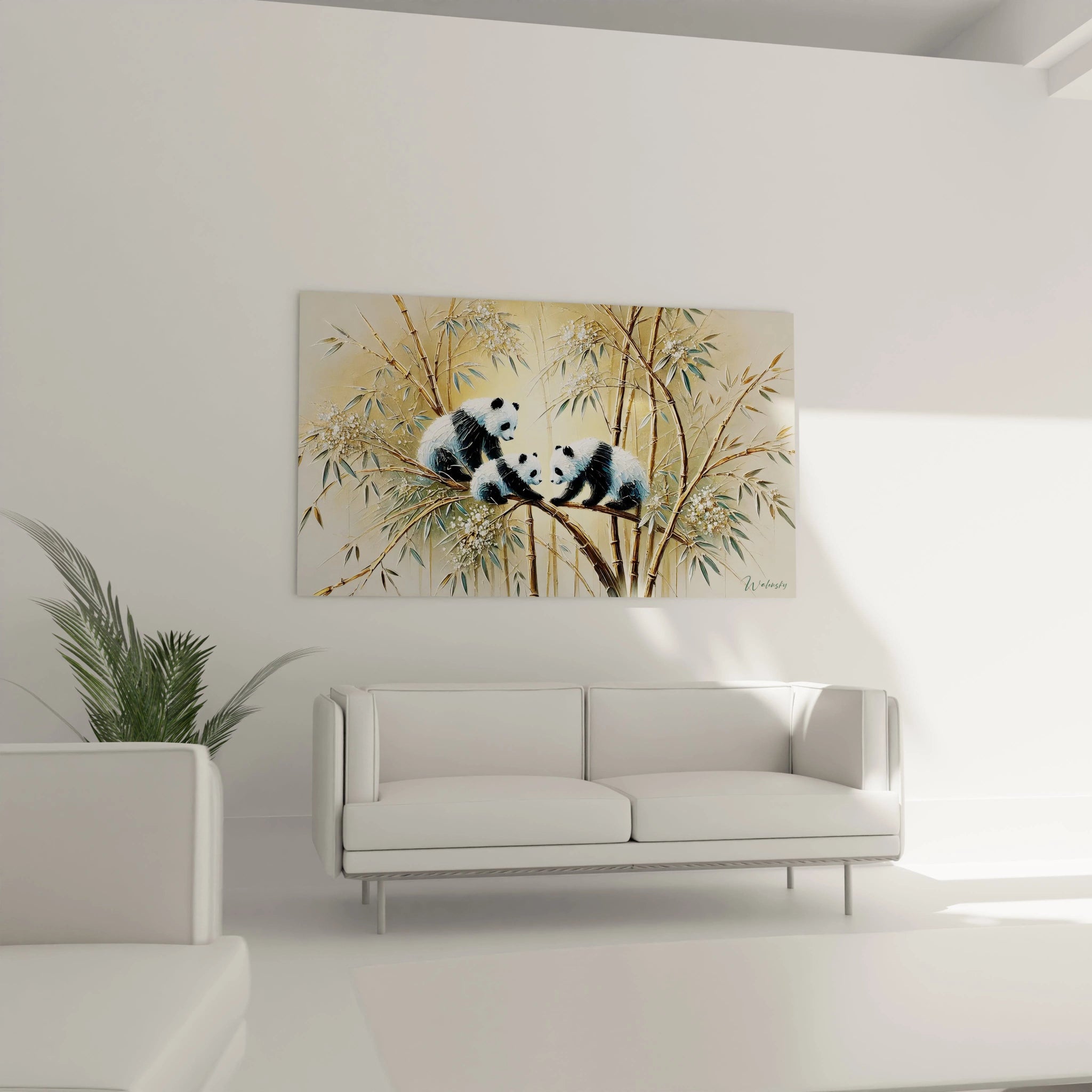 Tableau chinois dans un salon au dessus du canapé avec pandas et bambous alliant realisme et douceur touches contemporaines apaisantes pour sublimer votre espace de vie