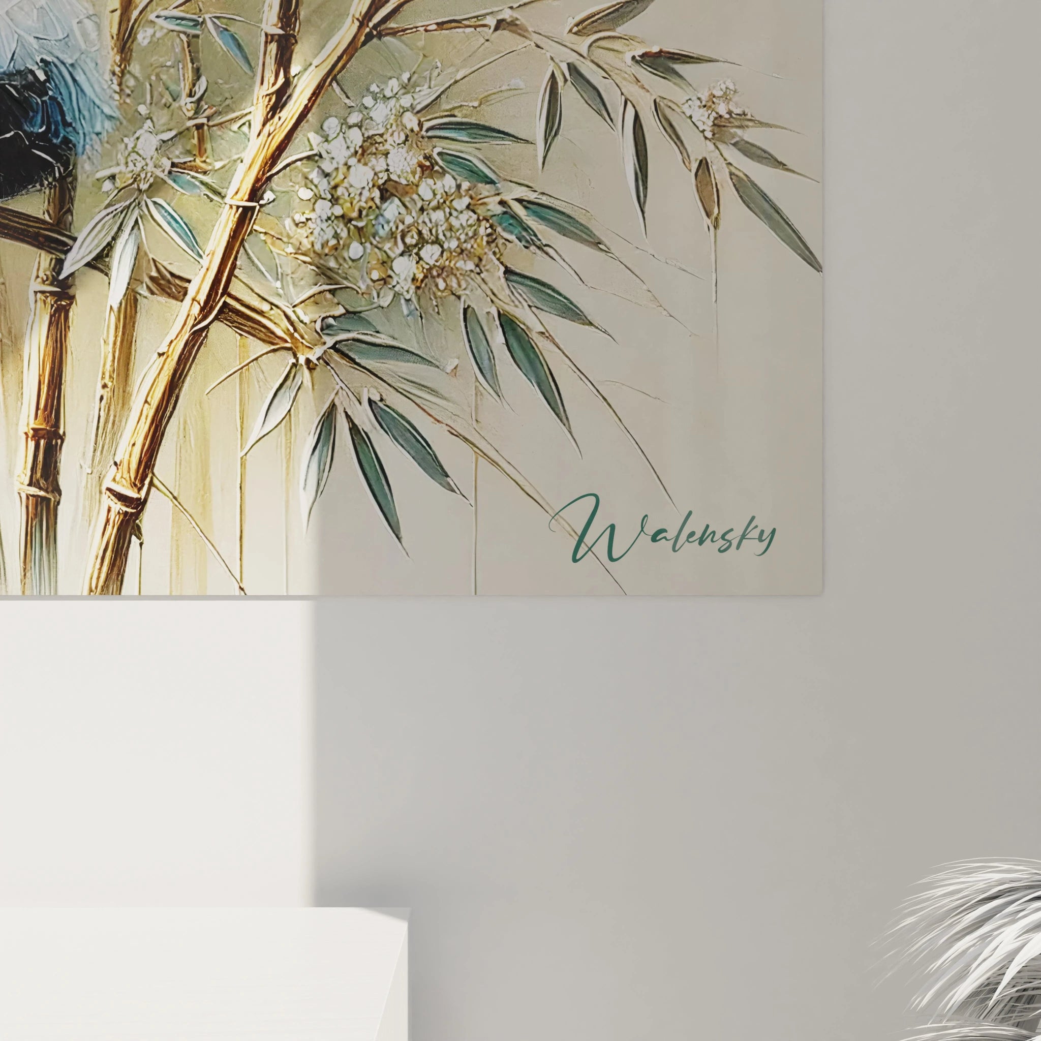 Vue de pres du tableau chinois mettant en valeur les details des pandas et du bambou nuances naturelles beige et marron atmosphere de serenite