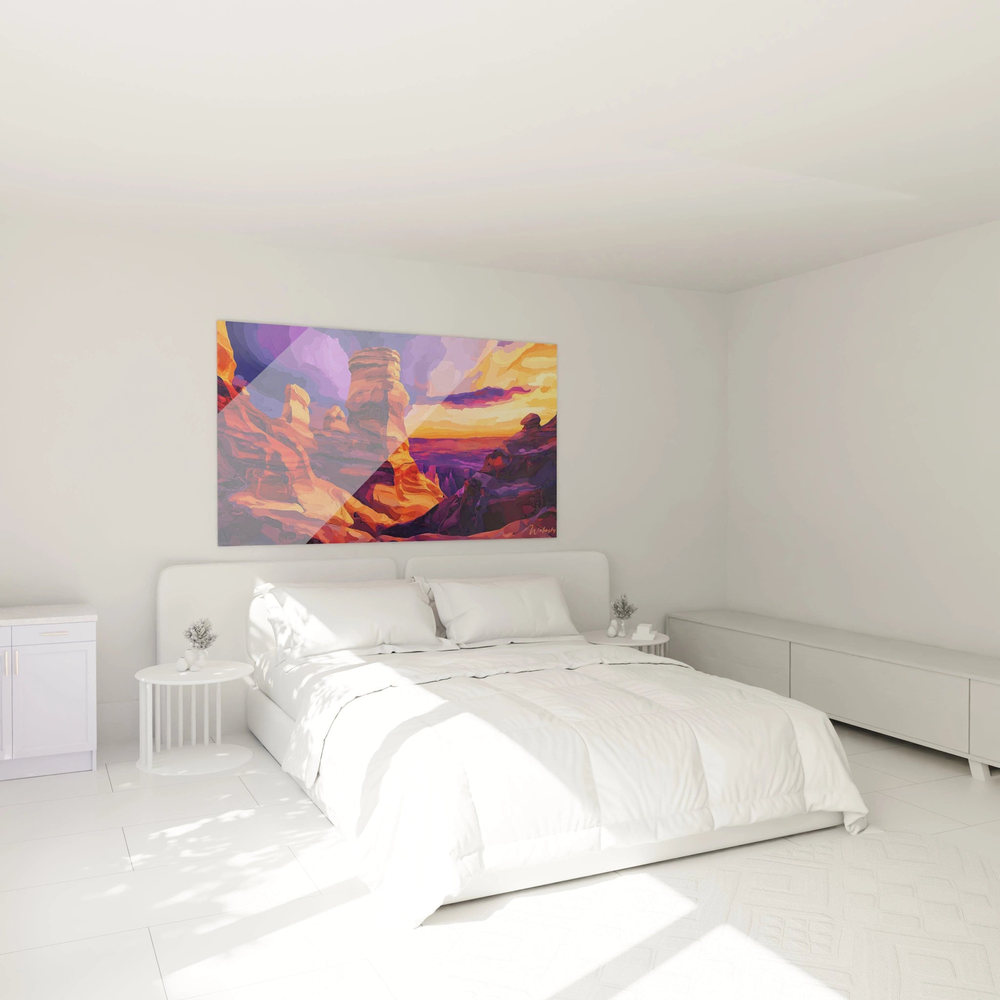 Un tableau paysage désertique capturant des monolithes de grès rouge-orangé baignés dans la lumière dorée du crépuscule. Les structures verticales contrastent avec les teintes violettes et indigo des zones d'ombre, créant une composition dramatique aux textures stratifiées.