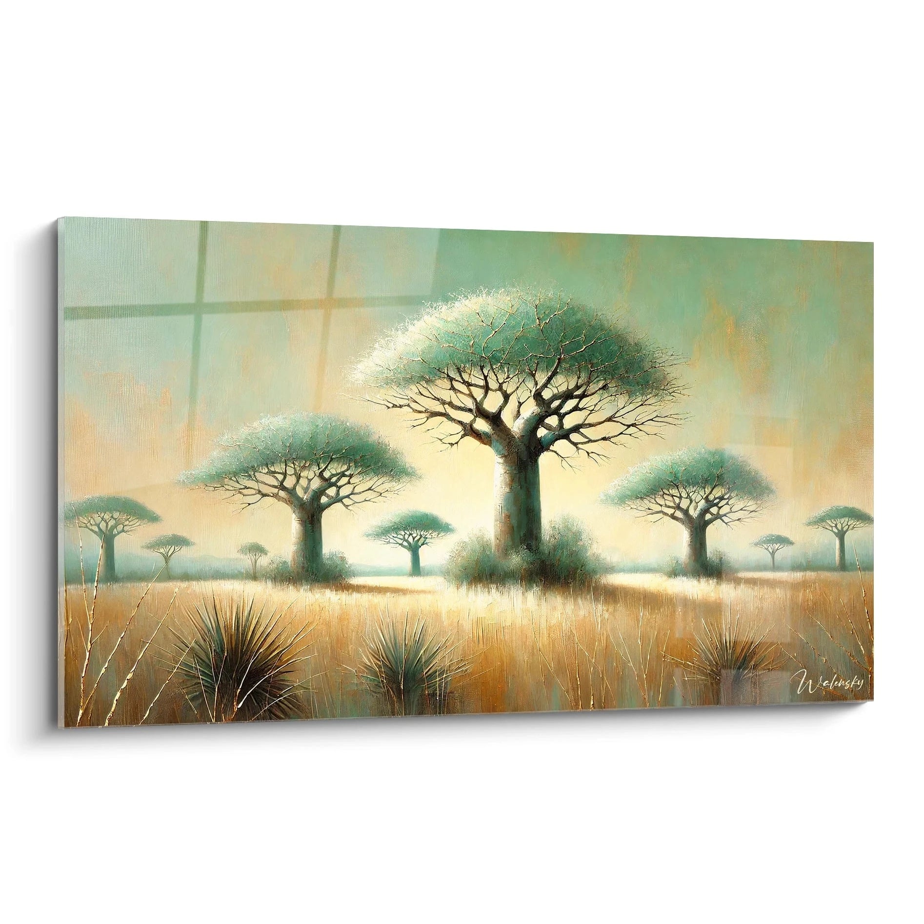 Tableau Savane avec vue de biais : découvrez la majesté des baobabs en pleine lumière, où chaque détail évoque la beauté brute et la sérénité des vastes étendues africaines.