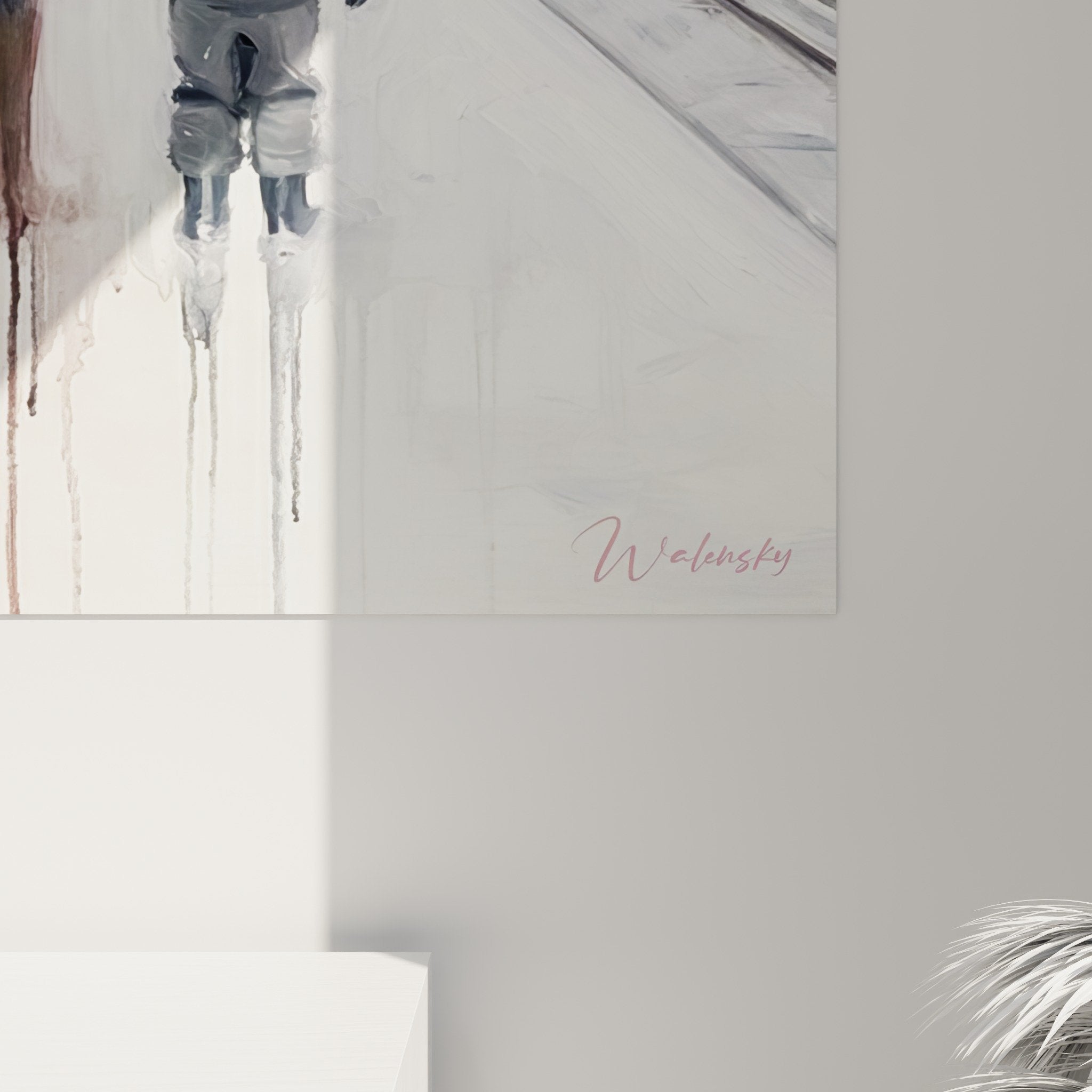 Mise en situation tableau gare neige, art contemporain familial, palette bordeaux gris blanc