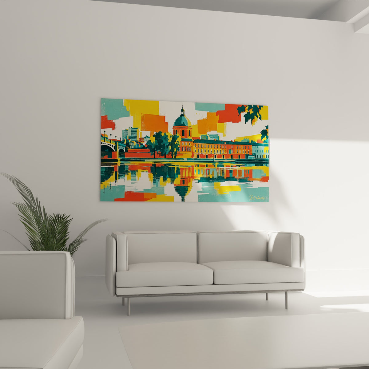 Ville colorée aux tons jaune et corail se reflétant sur le fleuve, au-dessus d'un canapé dans un salon lumineux