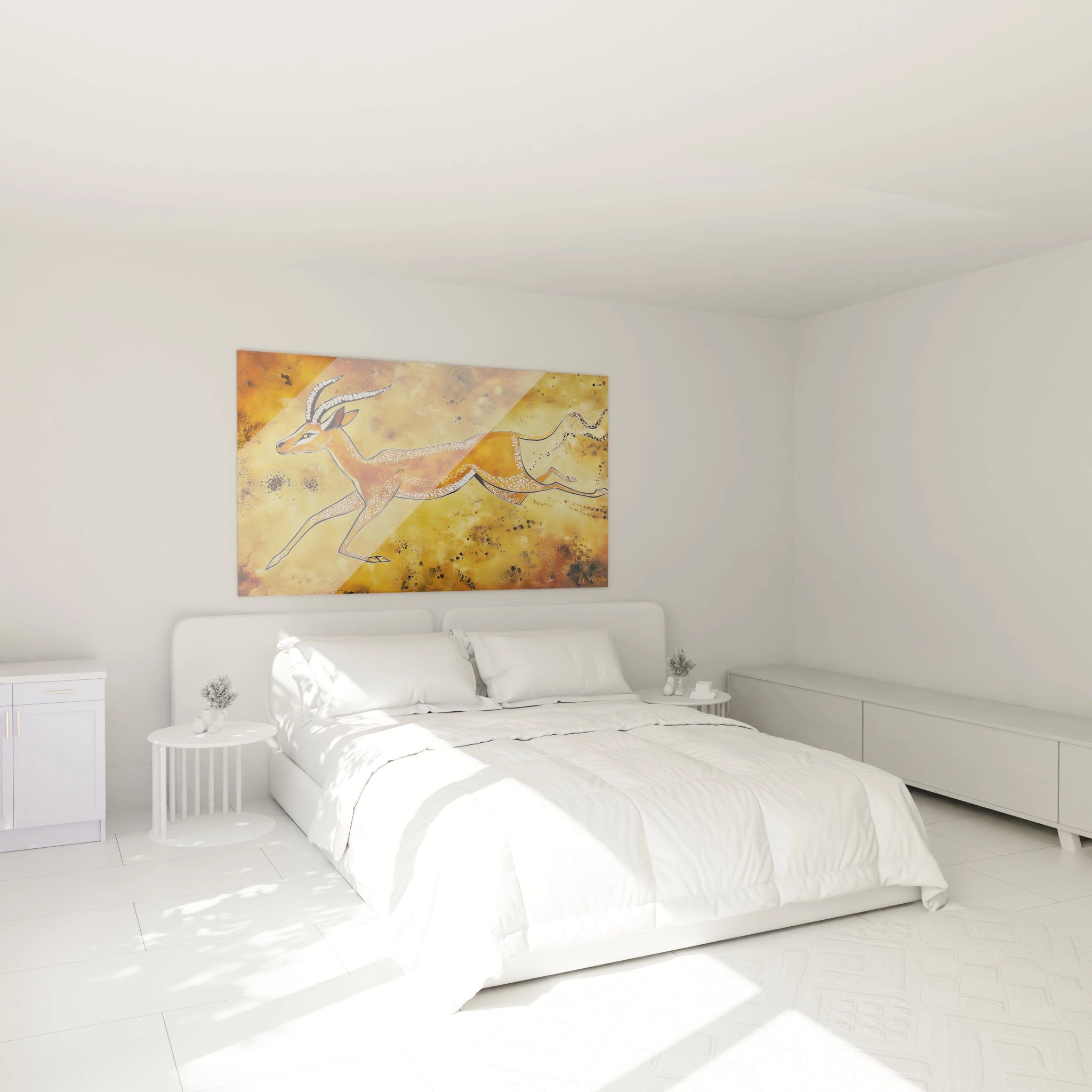 Tableau gazelle de Walensky accroché dans une chambre lumineuse avec lit blanc et meubles modernes