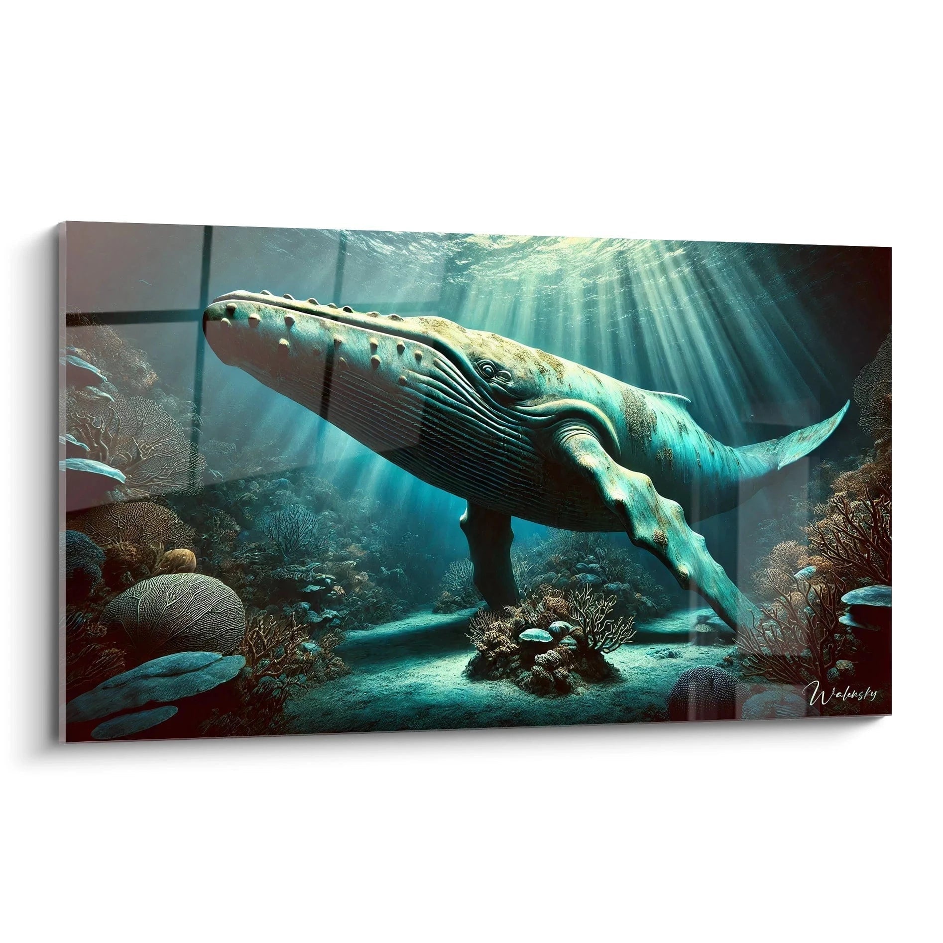 Ce tableau baleine offre une vue immersive, capturant la majestueuse créature sous-marine avec des détails impressionnants. Sa présentation oblique met en valeur la profondeur de l’océan et la puissance de l’animal.