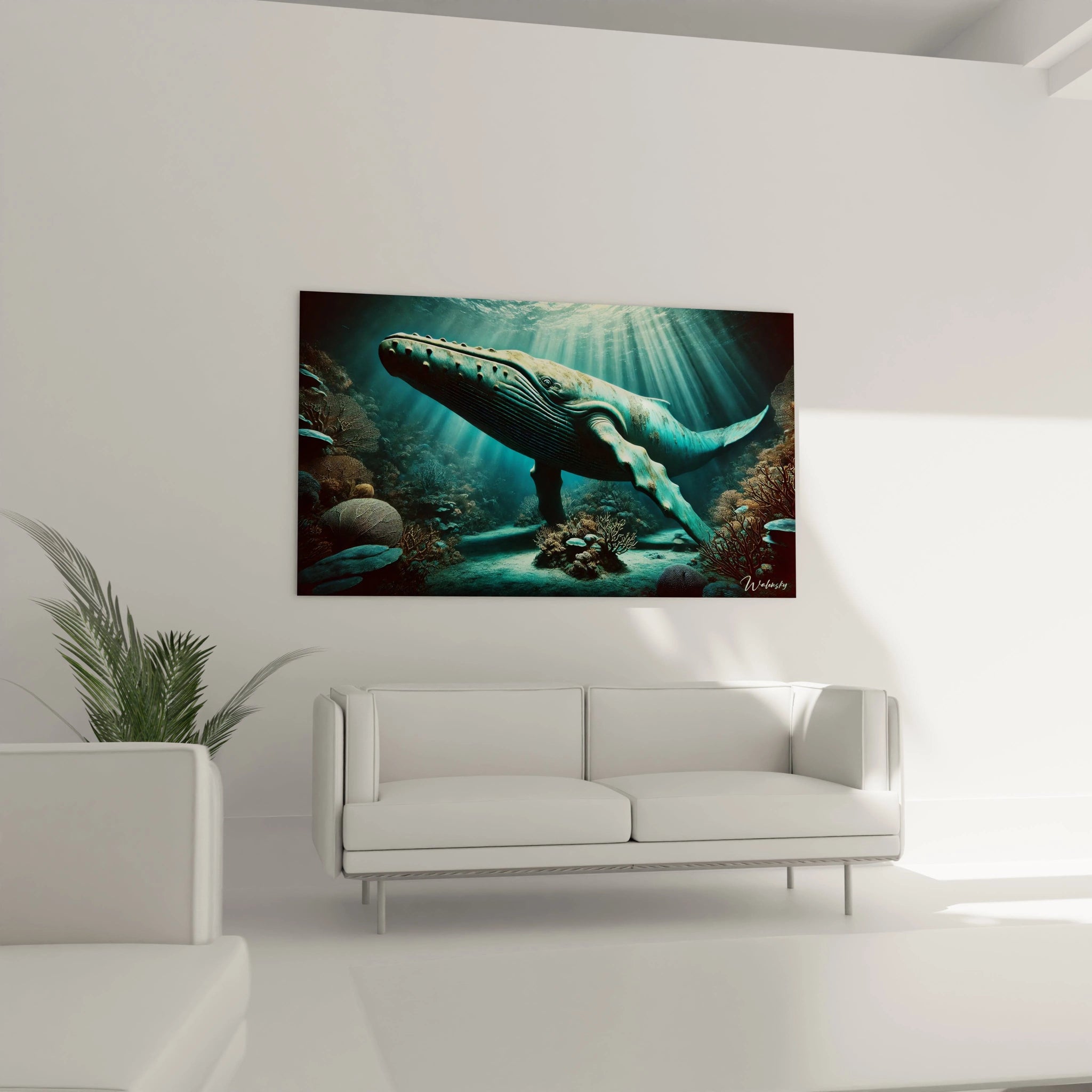 Ce tableau baleine installé dans le salon au-dessus du canapé devient un point focal élégant. Ses nuances bleutées et la majesté de la baleine apportent une ambiance apaisante à votre espace de vie.