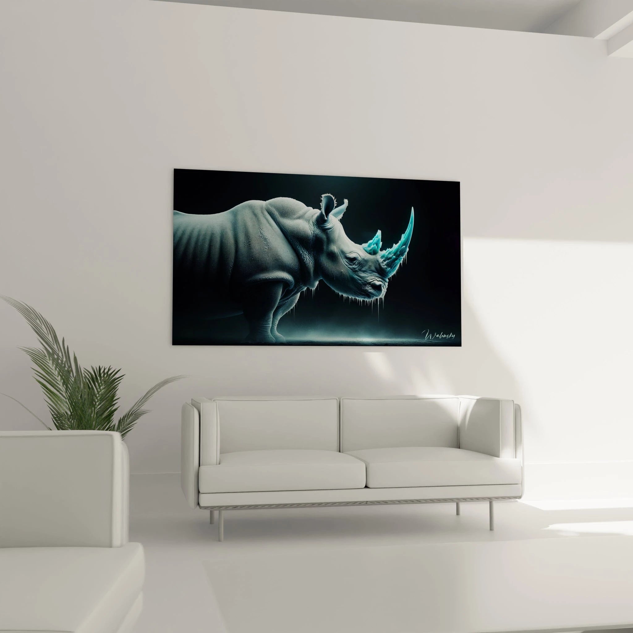 Un tableau d'animal montrant un rhinocéros aux teintes bleutées avec des cornes cristallines turquoise luminescent. La texture granuleuse de la peau est rendue avec précision, tandis que les cornes semblent faites d'un matériau transparent et brillant. Des éléments glacés en suspension créent un effet de congélation ou de fonte sur le visage de l'animal.