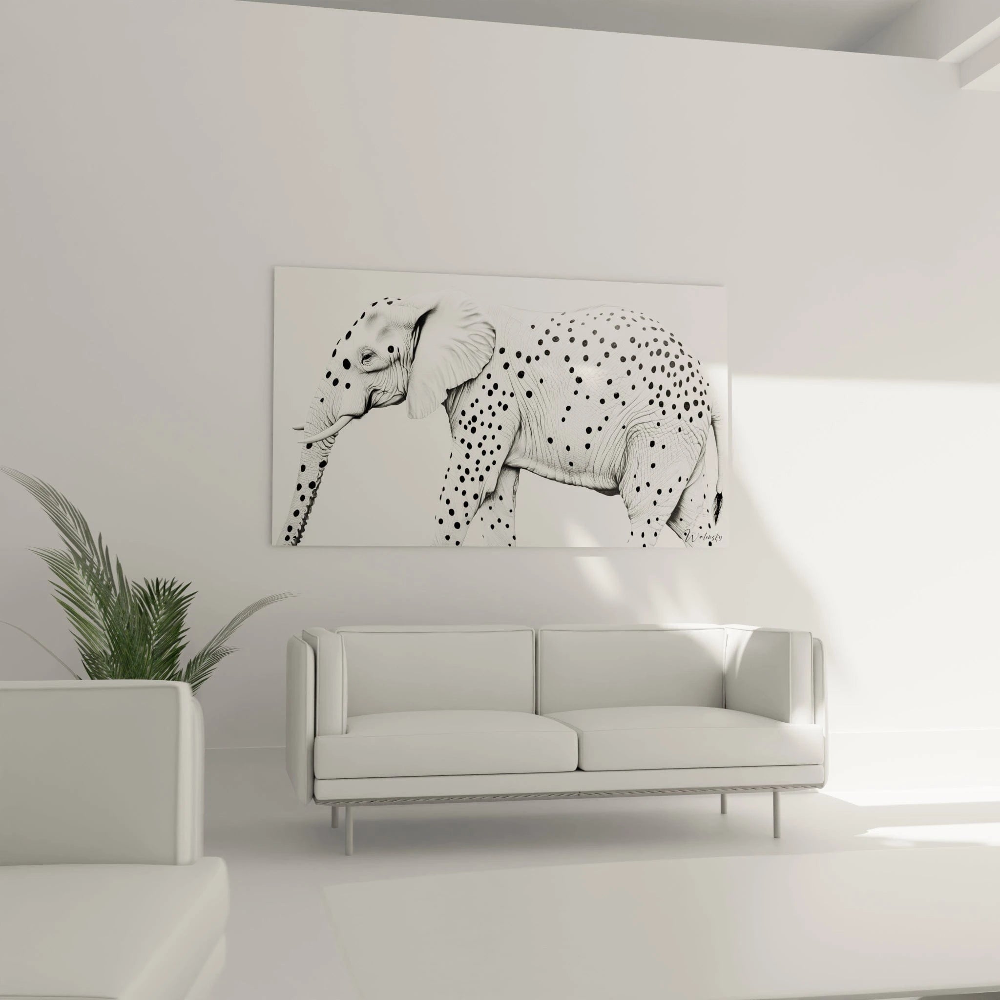 Tableau noir et blanc d'un éléphant avec des taches, décor mural moderne par Walensky