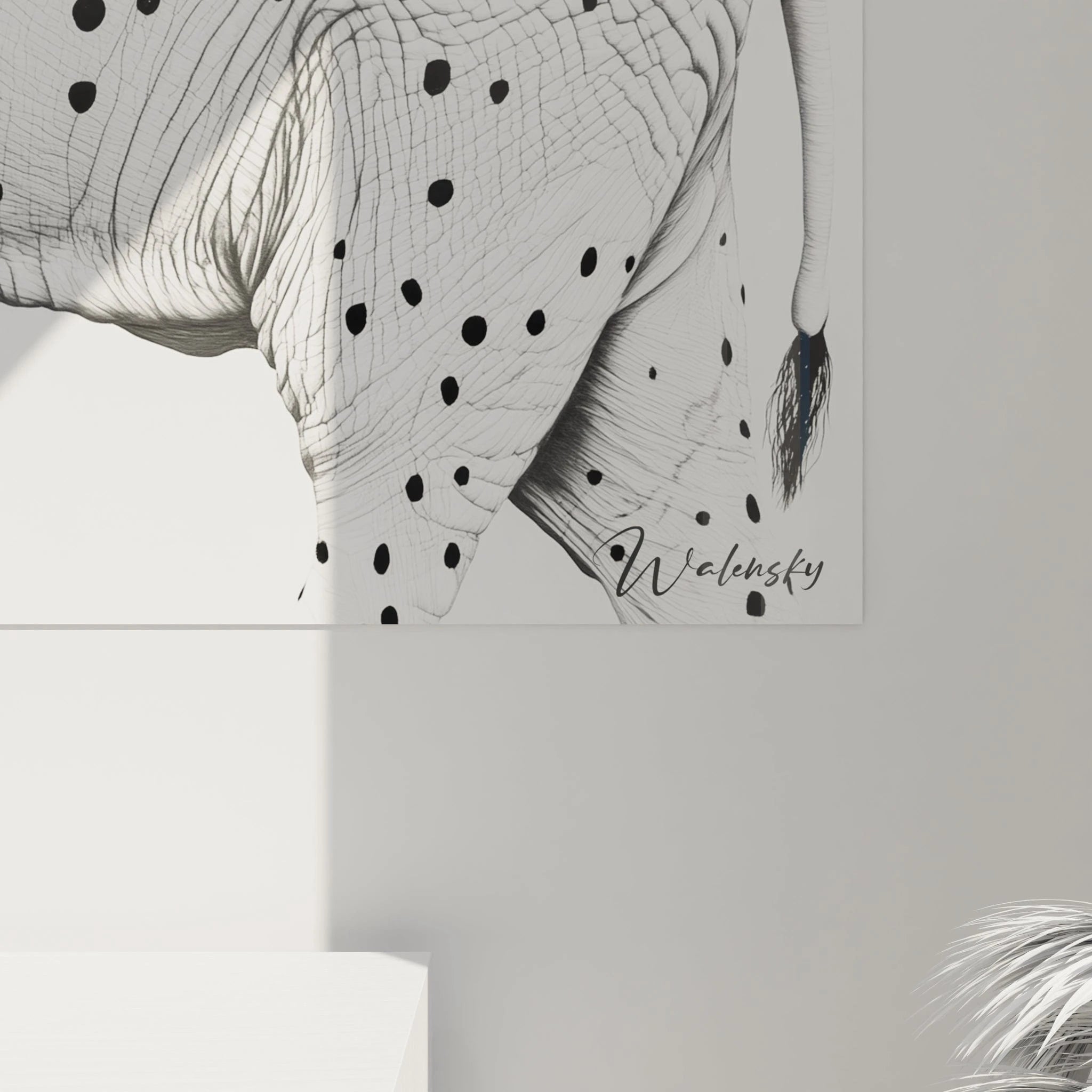 Tableau d'éléphant noir et blanc de Walensky avec détails artistiques distinctifs