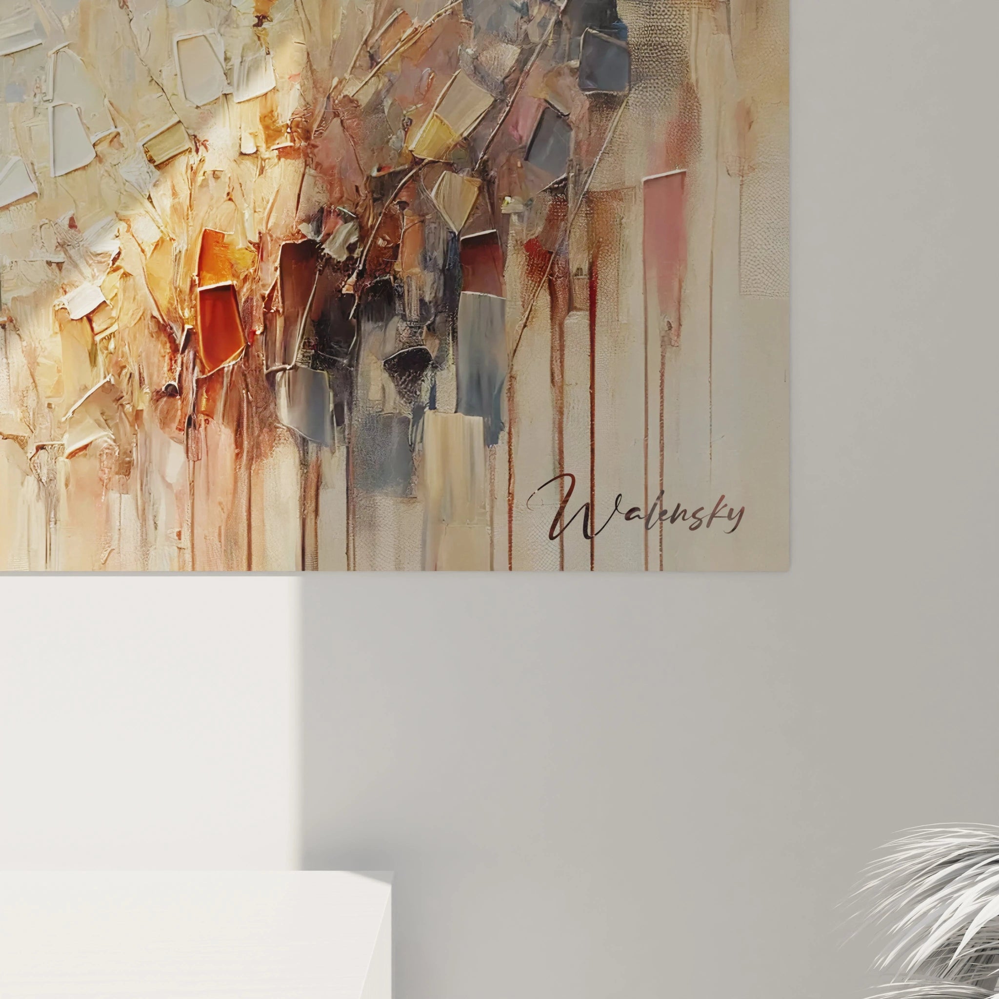 La vue rapprochée de ce tableau girafe révèle les détails raffinés du pelage et les nuances subtiles du fond abstrait. Un chef-d'œuvre moderne pour les amateurs d'art sauvage.