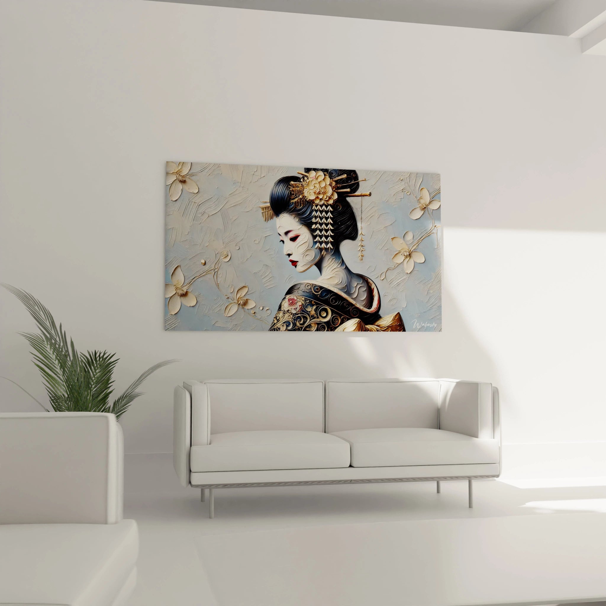 Tableau geisha accroche au mur au dessus d un canape, transformant le salon avec son charme et sa profondeur artistique. Les details et textures donnent vie a cette figure symbolique japonaise.