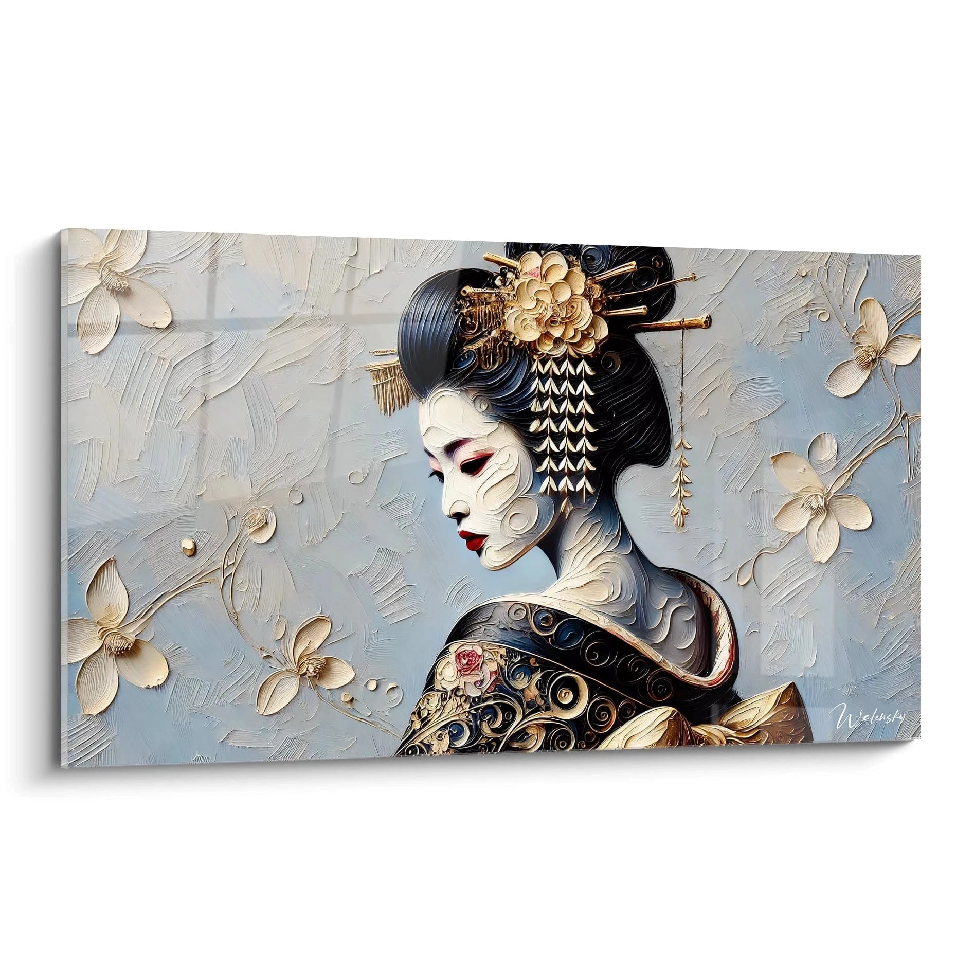 Tableau geisha vue de biais, capturant la beaute mysterieuse et la sophistication japonaise. Texture abstraite et details realistes fusionnent pour une representation envoûtante de cette figure emblematique.