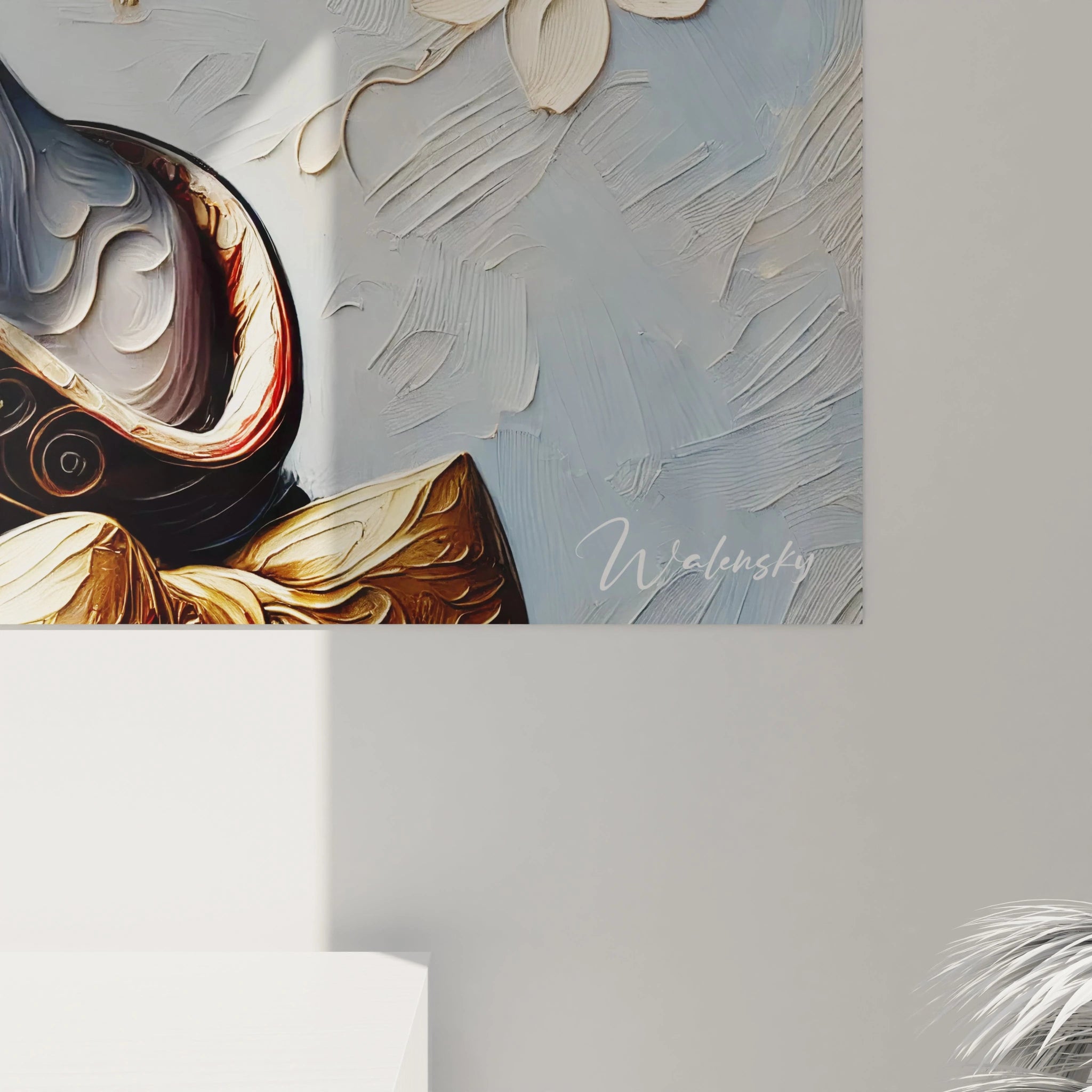 Vue de pres du tableau geisha, revelant des nuances sophistiquees et des ornements dores. Les textures et contrastes subtils exaltent la beaute gracieuse de la geisha et l art japonais.