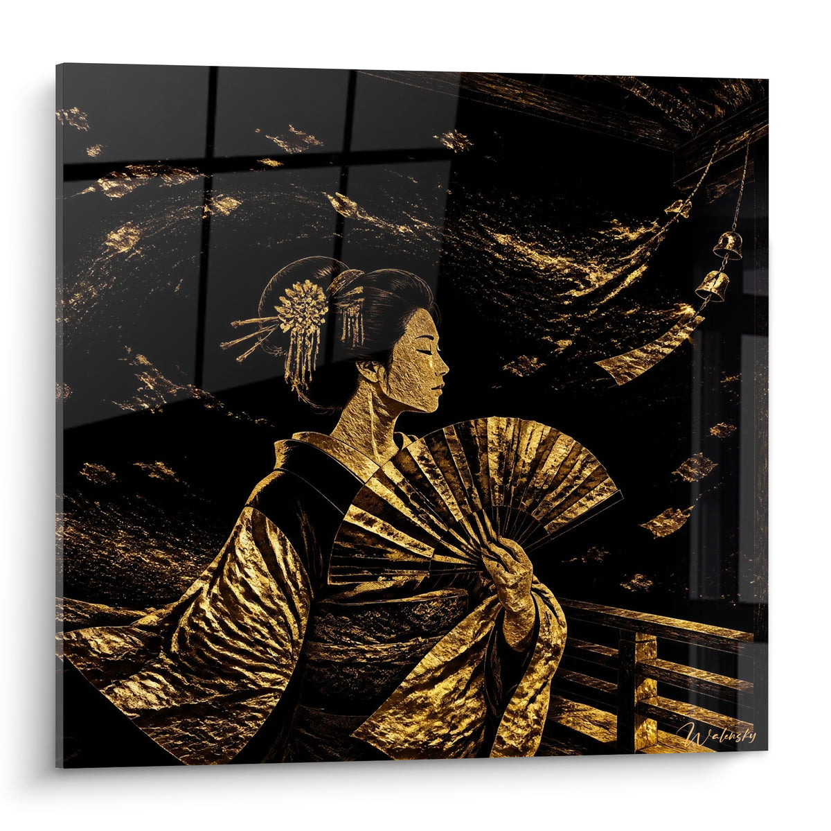 Geisha en kimono doré tenant un éventail sculpté sur fond noir anthracite scintillant