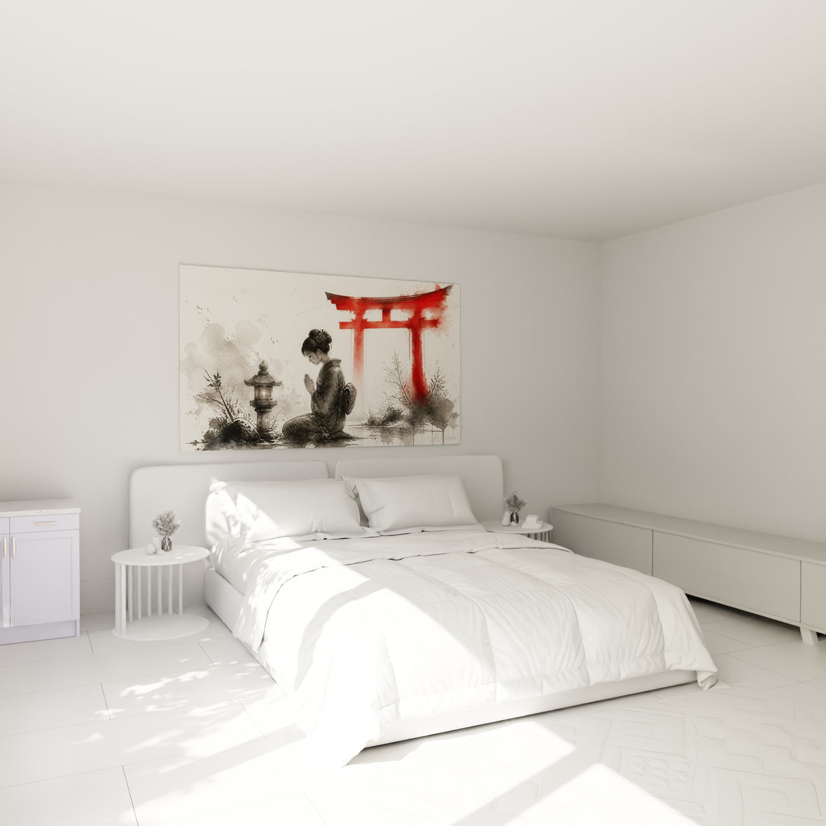 Femme en kimono priant sous un torii écarlate, tons anthracite et rouge au-dessus d'un lit dans une chambre claire