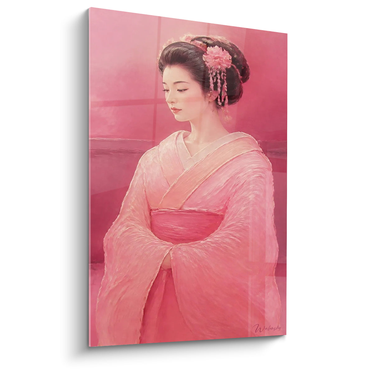 Geisha au kimono rose poudré et ceinture fauve, regard baissé sur fond bordeaux dégradé