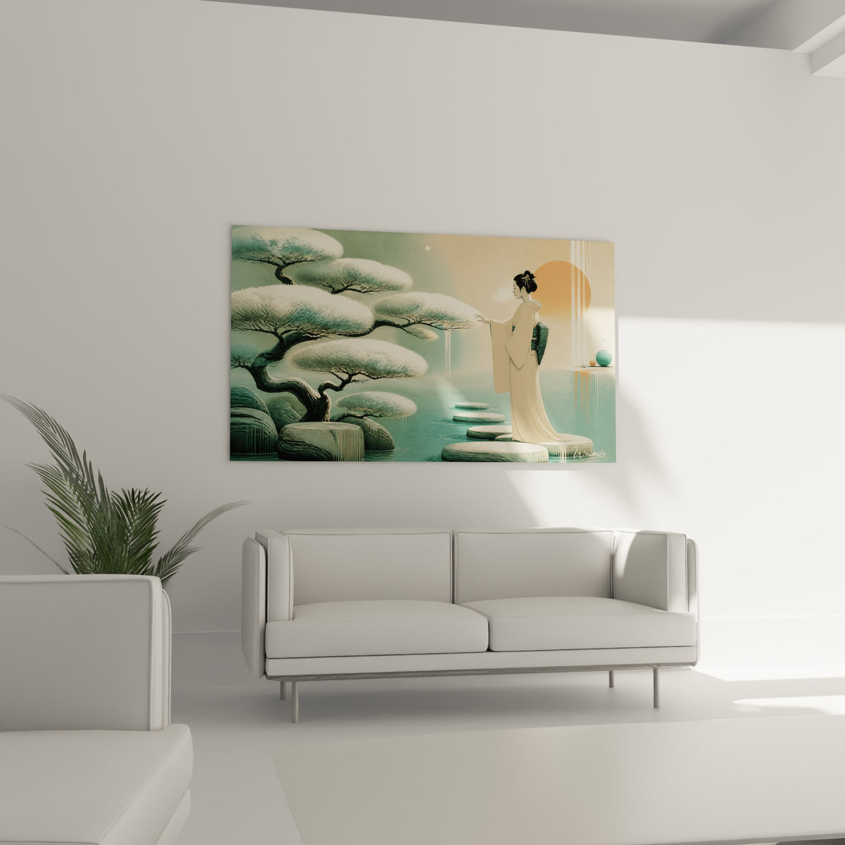 Silhouette de geisha près de pierres de gué sur eau turquoise, disposée au-dessus d'un canapé dans un salon lumineux