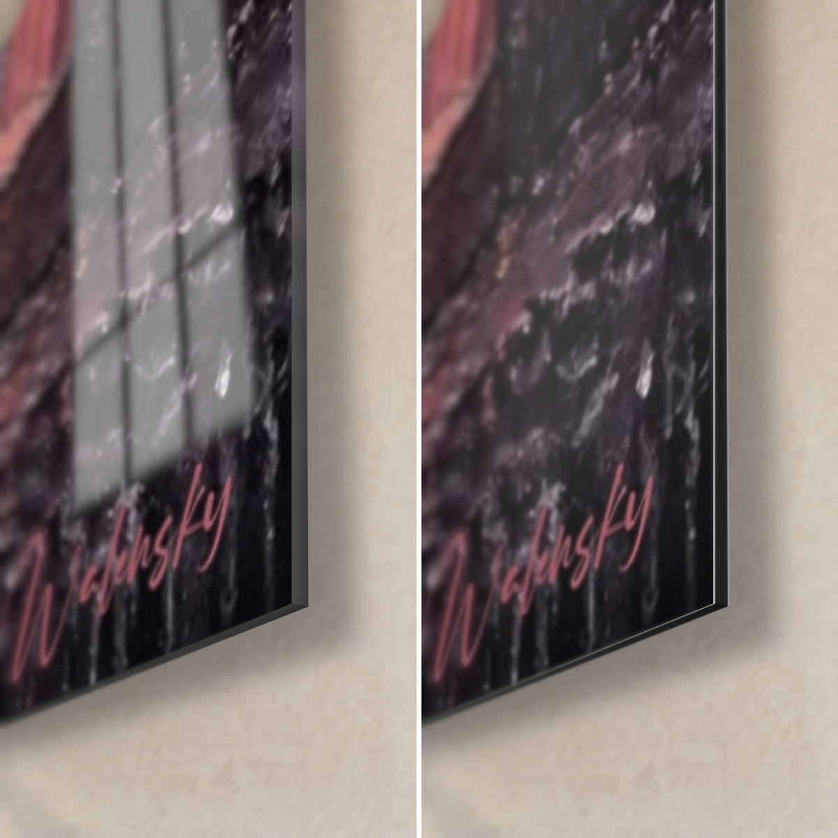Wall art geisha with floral hair ornaments, bottom right corner: glossy acrylic glass on the left, matte Dibond aluminum on the right, pink signature