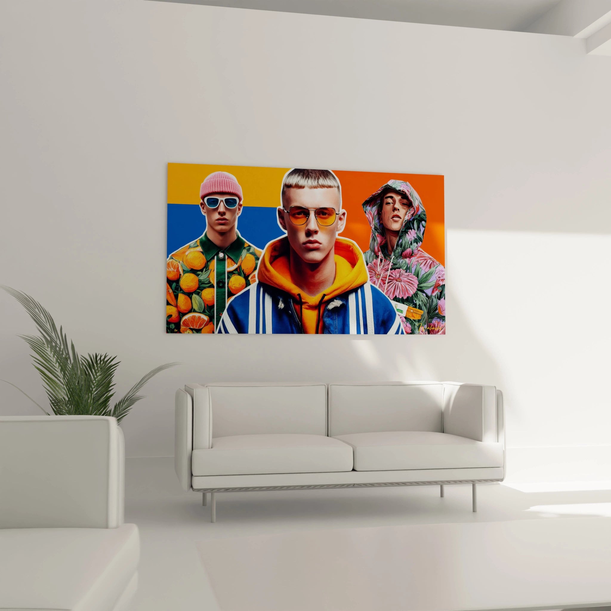 Tableau génération Z streetwear en couleurs vives avec trois hommes portant des vêtements à motifs modernes