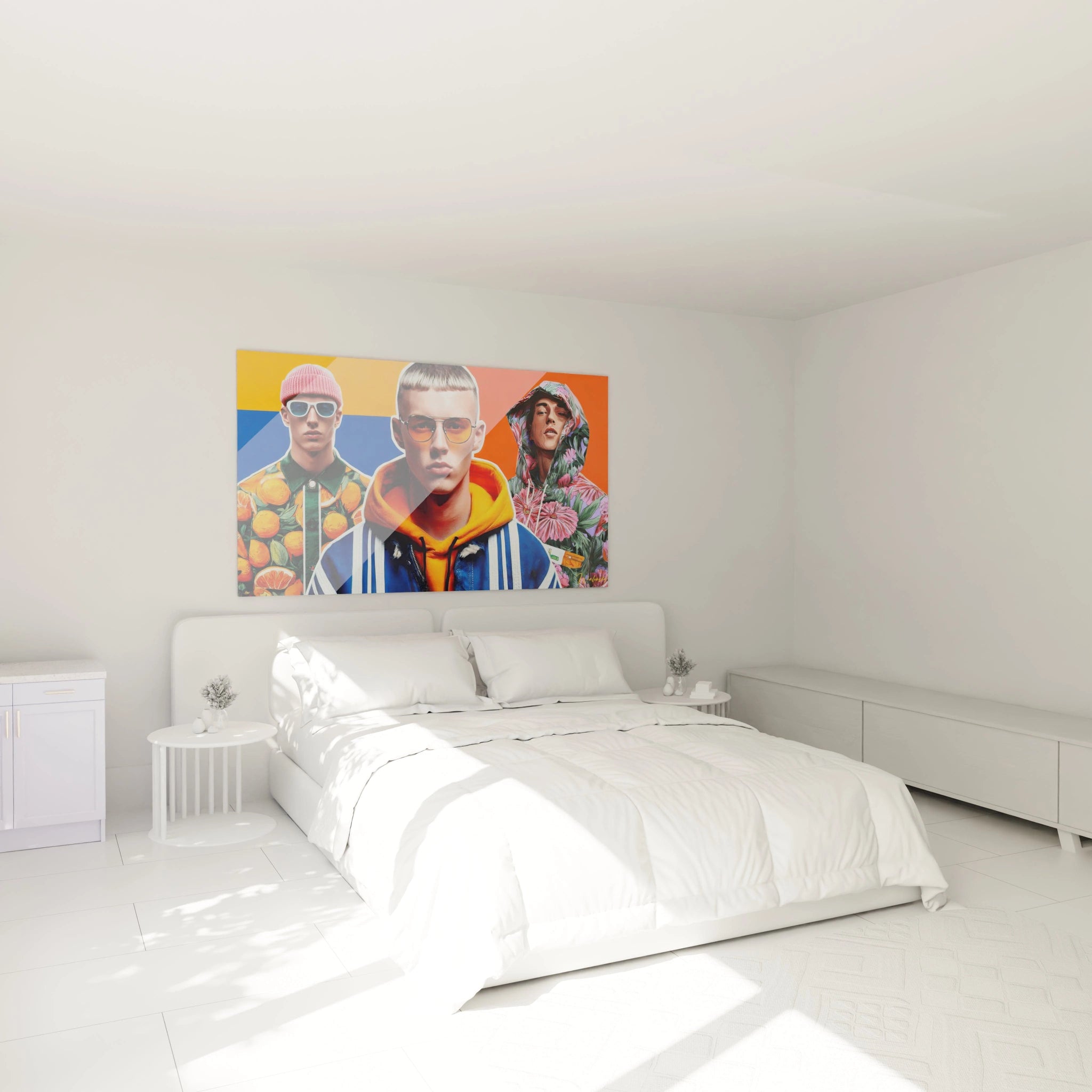 Tableau génération Z streetwear de Walensky décorant un mur dans une chambre moderne et lumineuse