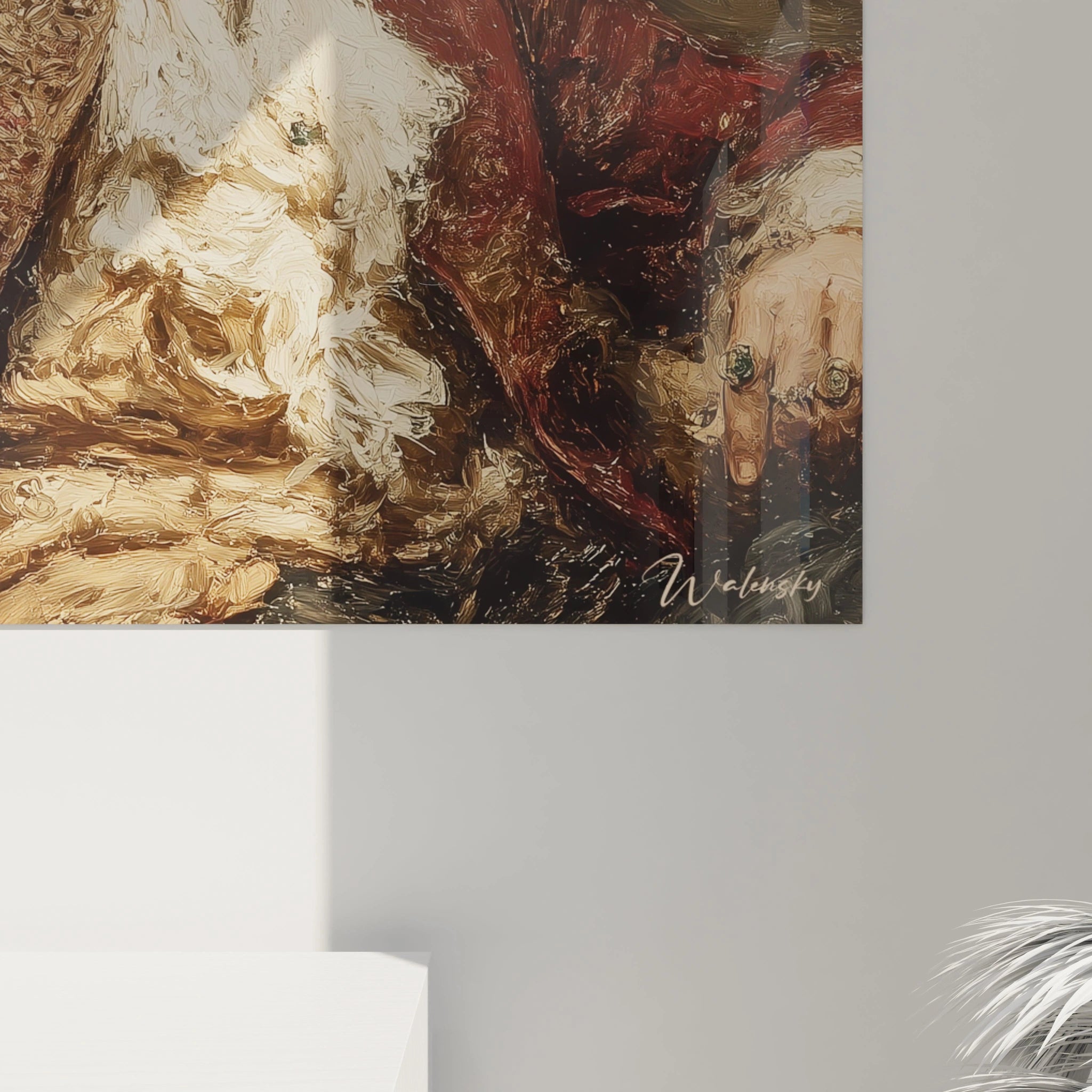 tableau mural raffiné Louis XIV reproduction huile gros plan main bagues tissus dorés signé Walensky