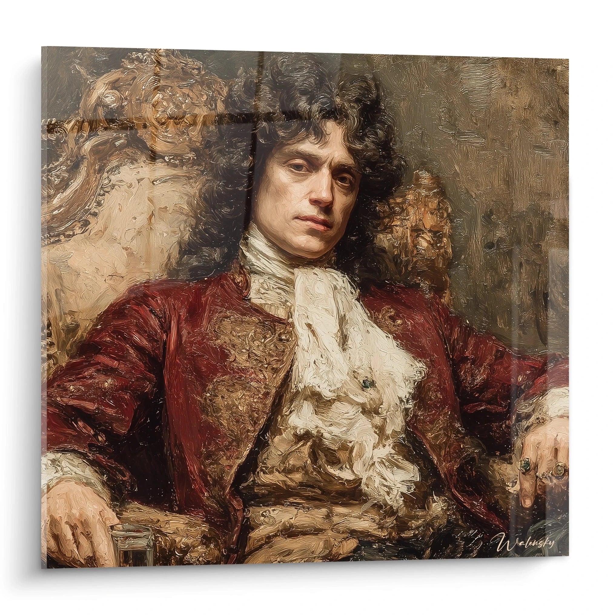 tableau mural raffiné Louis XIV portrait d'homme en habit rouge baroque sur fauteuil doré par Walensky