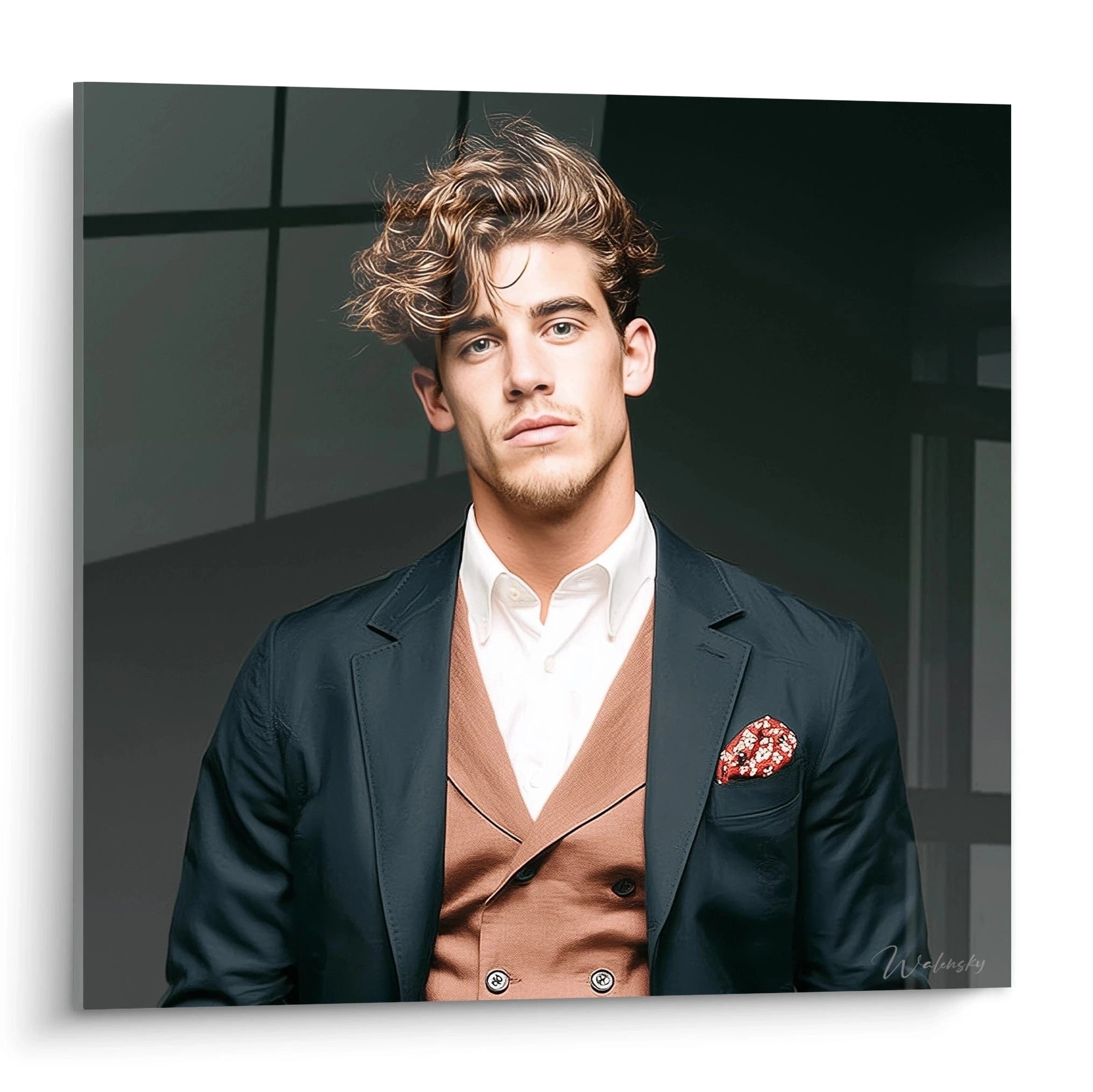 Tableau décoration homme élégant avec un jeune homme à l'allure raffinée en costume moderne