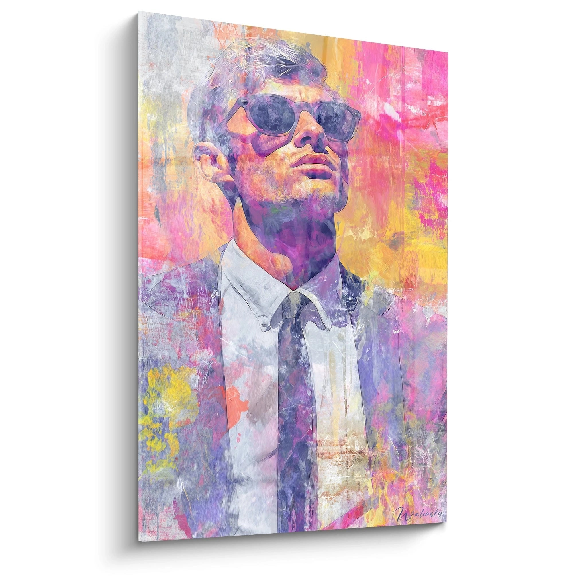 Tableau gentleman moderne avec un homme en costume et lunettes de soleil dans des teintes vibrantes
