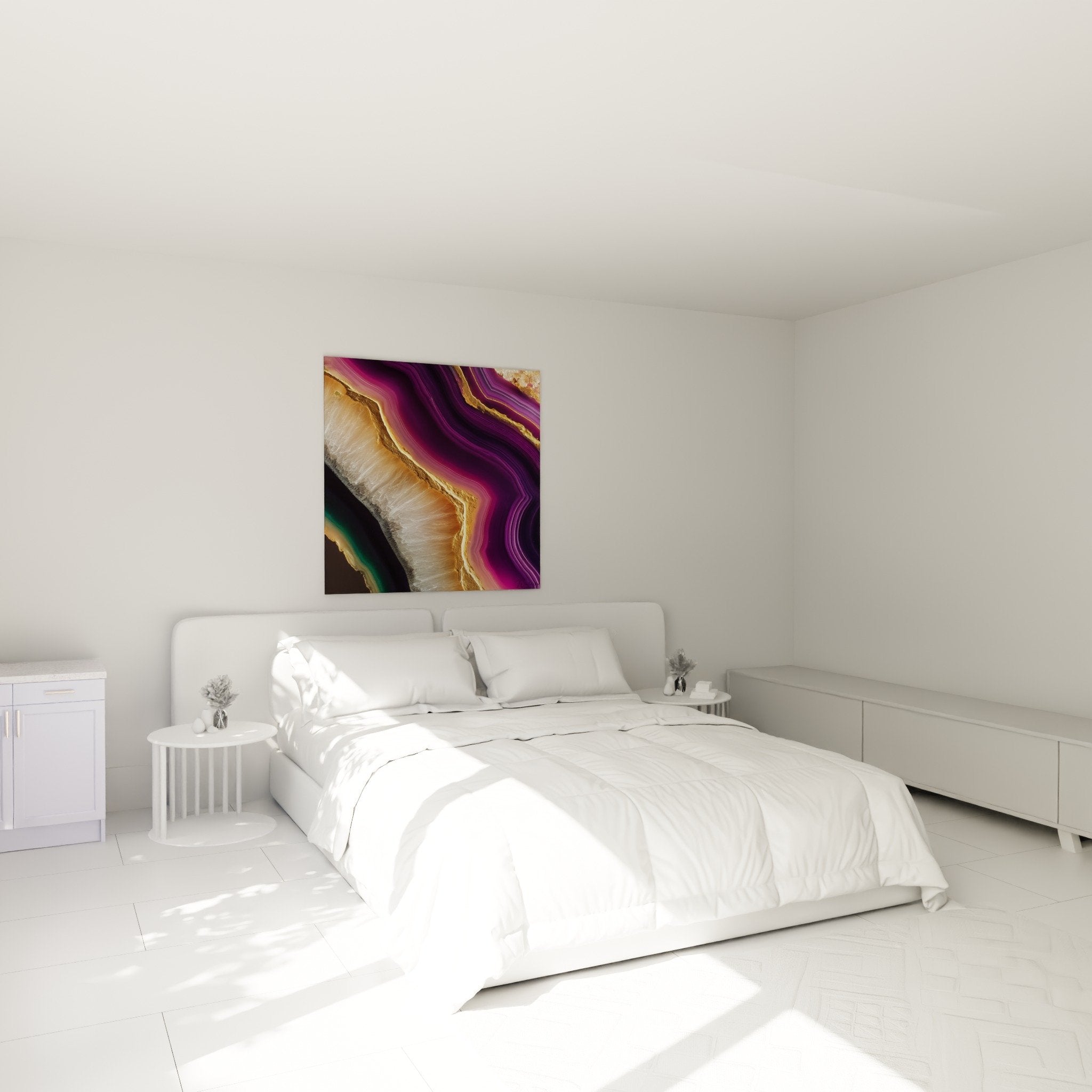 Purple and gold geode decorating a modern bedroom with neutral tones