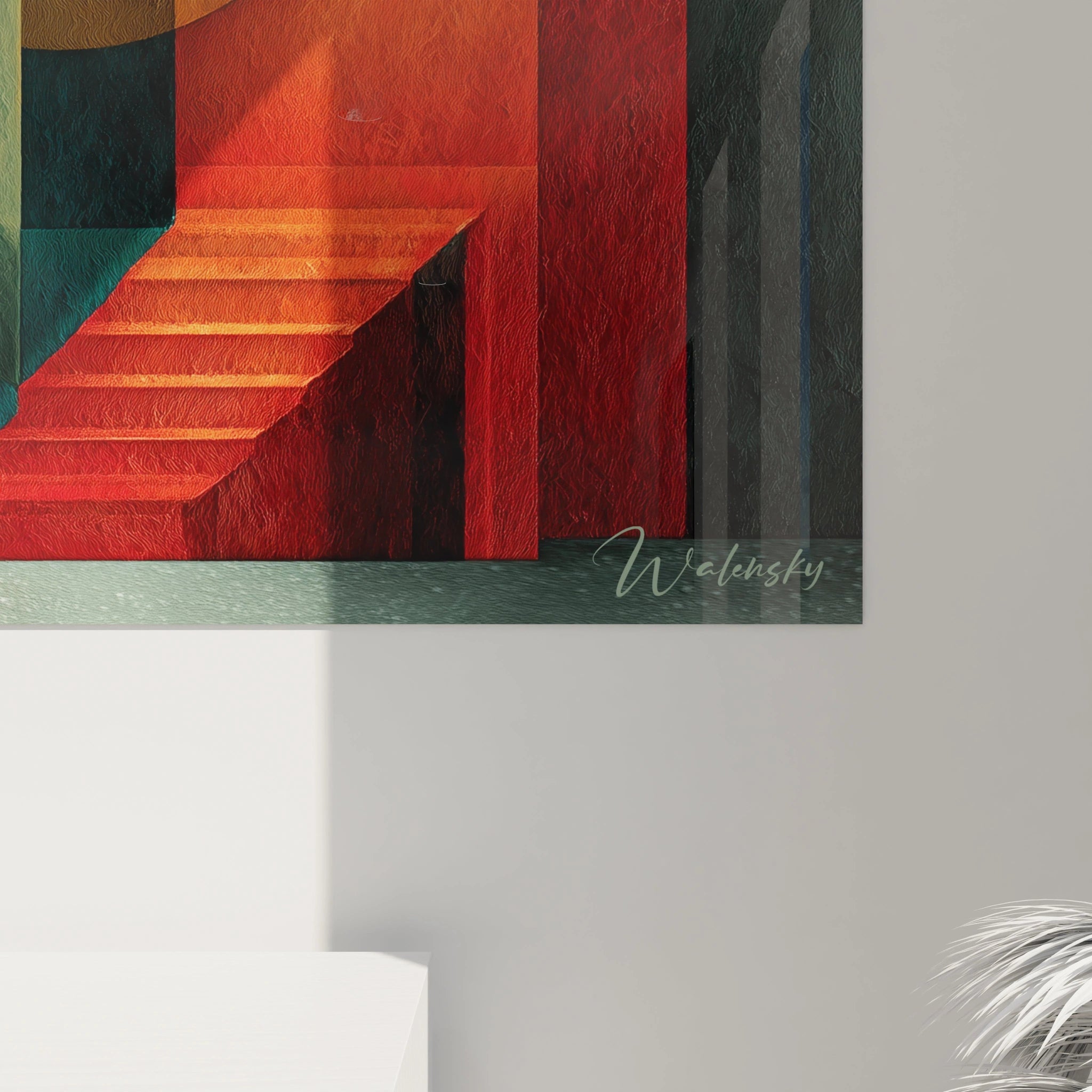Tableau mural Walensky avec escalier géométrique rouge et verts signature visible tableau géométrique abstraction Bauhaus