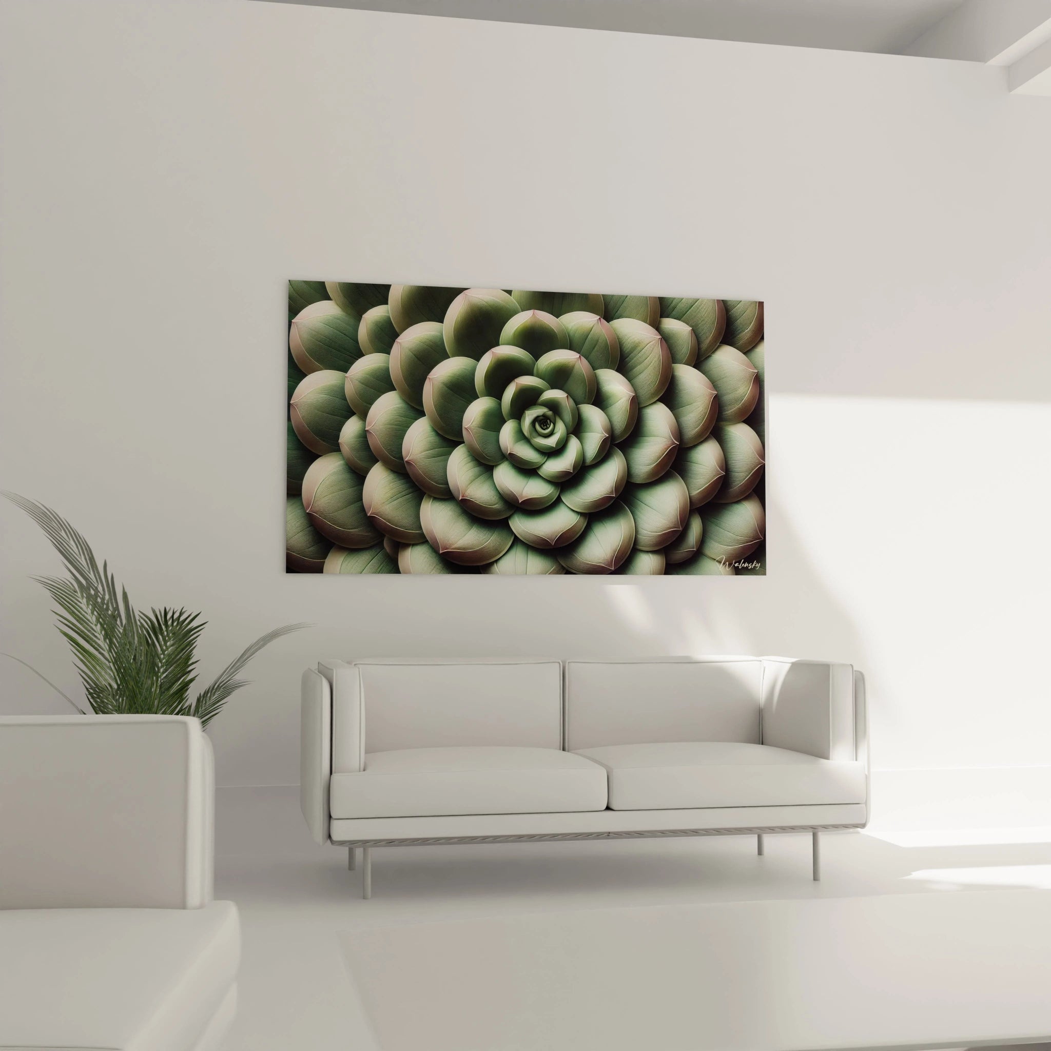 tableau cactus dans un salon au dessus du canape design captivant et couleurs douces en nuances de vert rose et gris apportent une touche naturelle et elegante a votre interieur