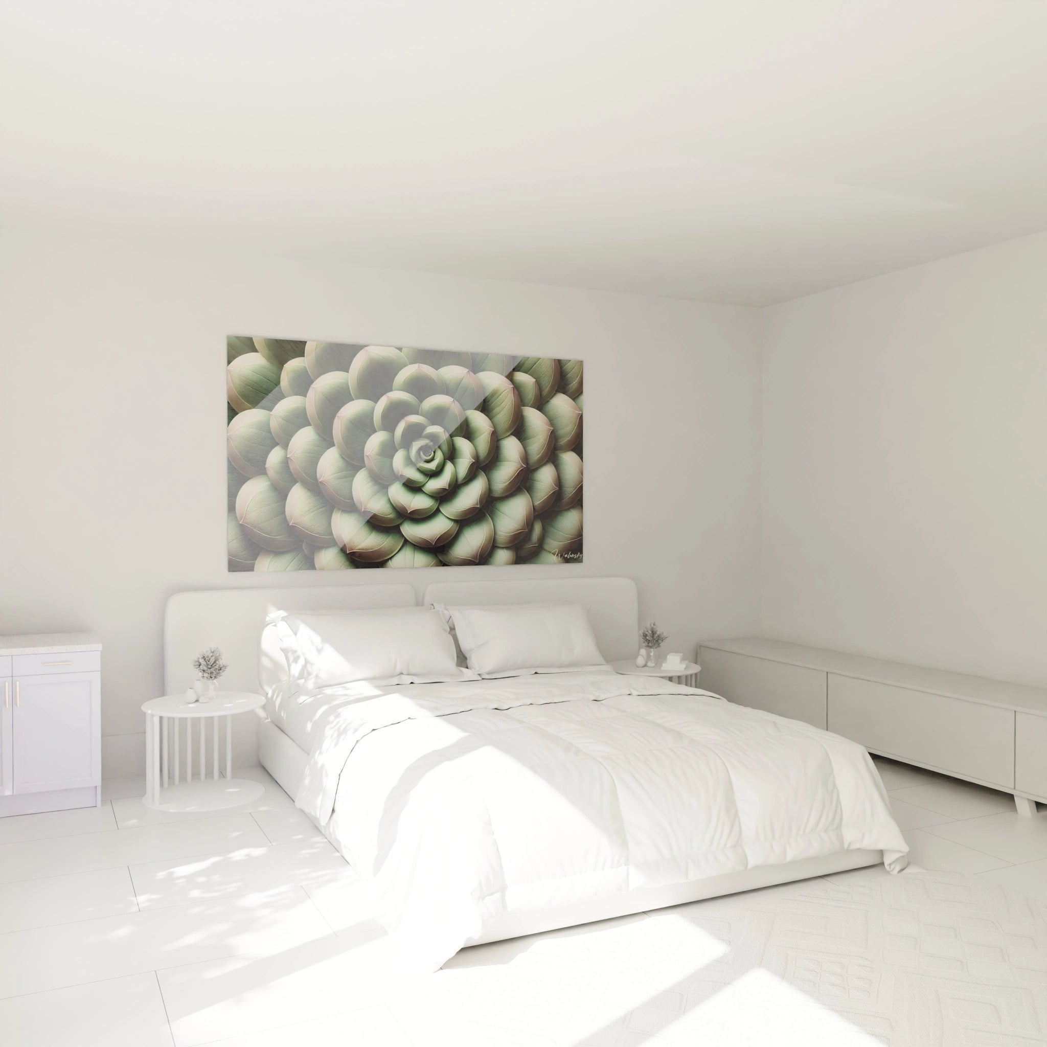 tableau cactus accroche au mur dans une chambre harmonie de nuances vertes et roses ideal pour un espace reposant et inspire par la serenite de la nature ambiance contemporaine garantie