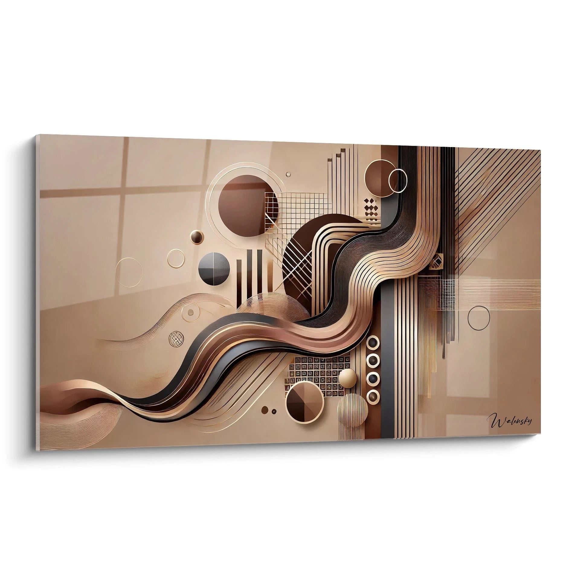 Tableau abstrait contemporain aux courbes fluides et tons neutres. Les formes géométriques créent un effet de profondeur, ajoutant élégance et modernité à votre décoration intérieure.