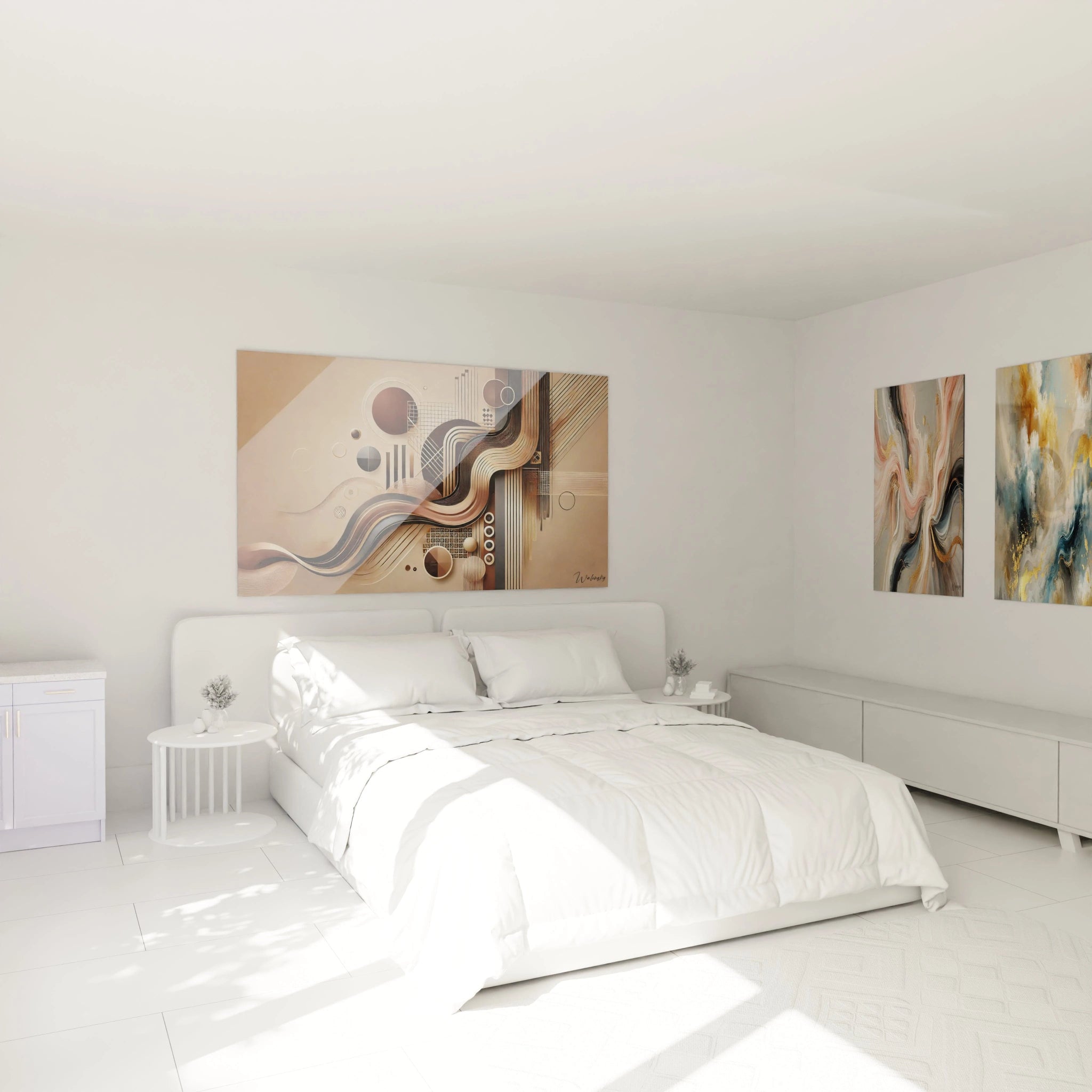 Tableau moderne avec des formes géométriques et des courbes dorées, parfait pour sublimer une chambre avec une ambiance chic et raffinée. Idéal pour ajouter une touche artistique sophistiquée.