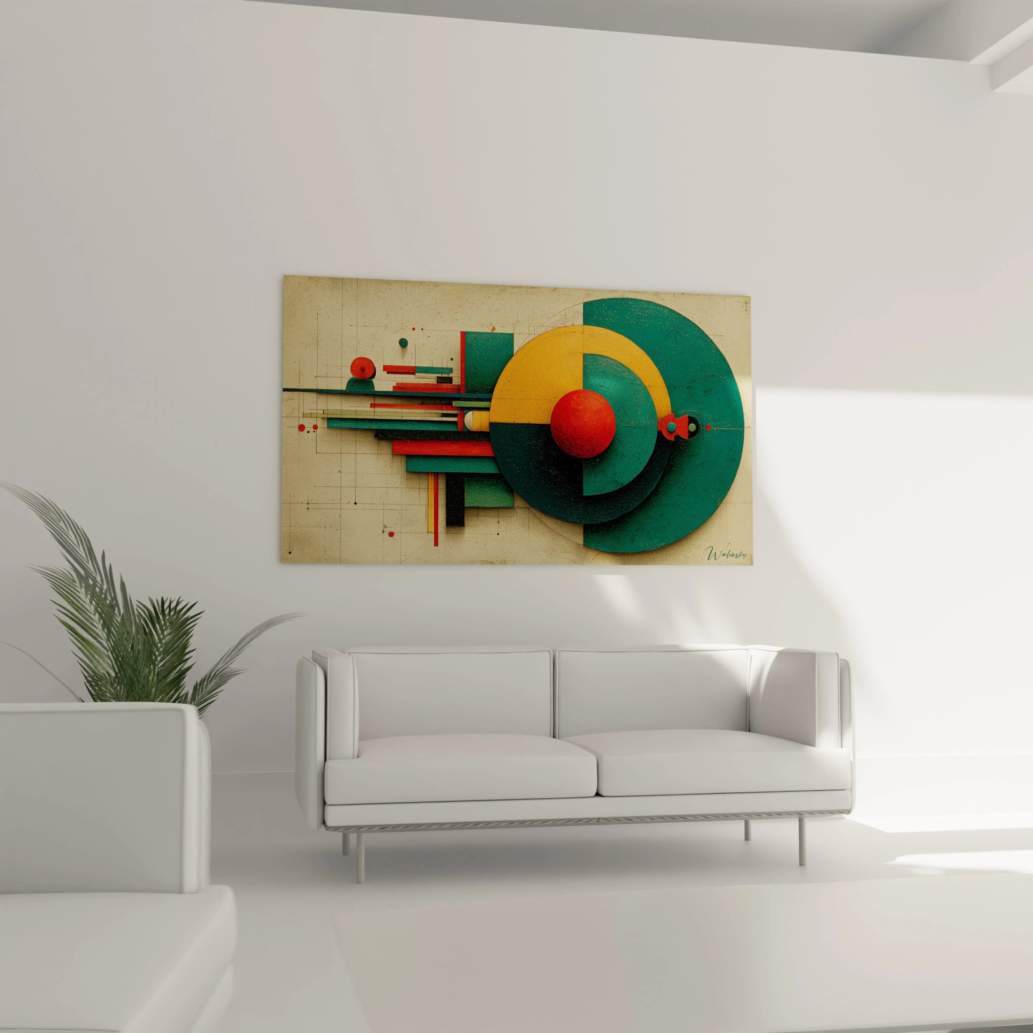 Tableau mural Walensky tableau géométrique style Bauhaus vert jaune et rouge avec cercles concentriques dans un salon moderne