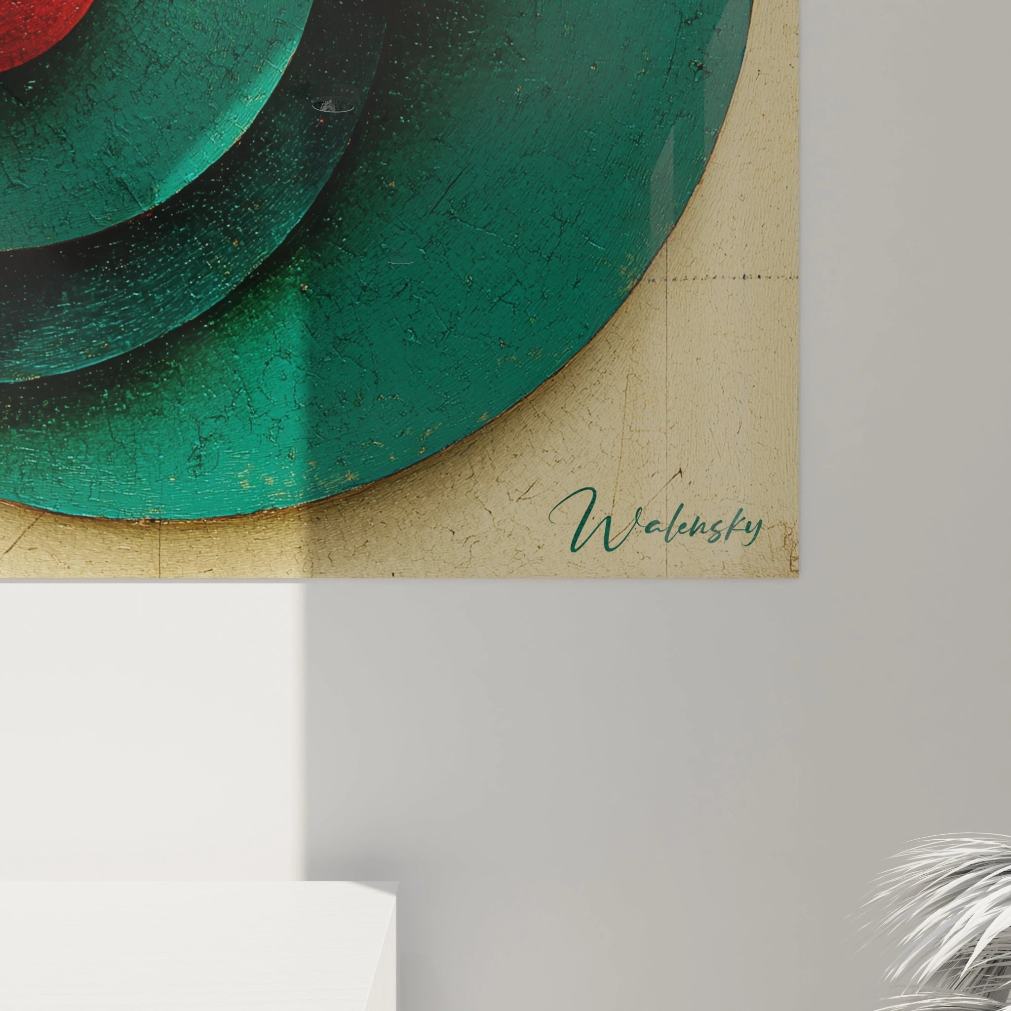 tableau géométrique style Bauhaus mural Walensky avec cercles concentriques verts et rouges, texture vieillie